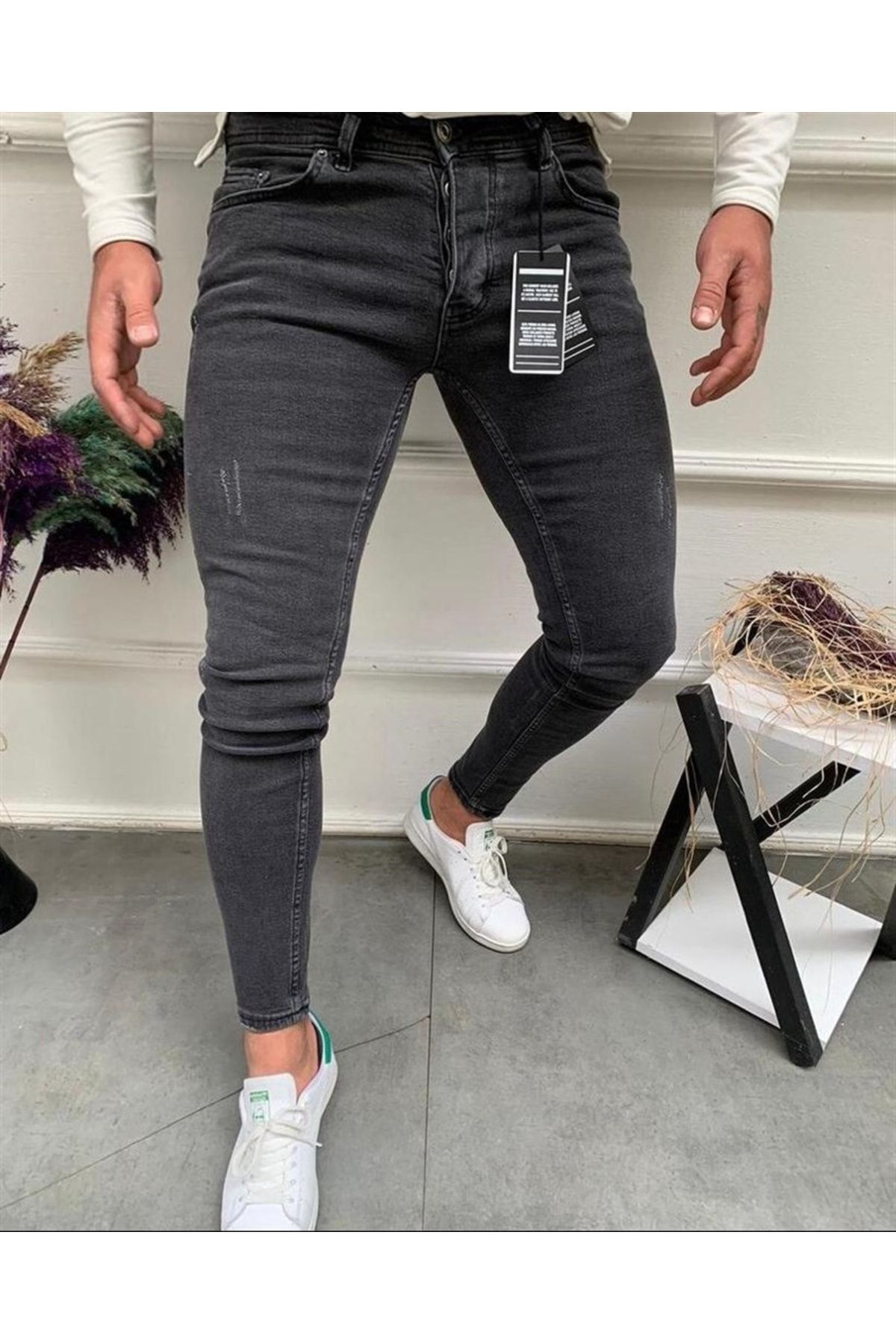 GrandeShop Erkek Füme Slim Fit Likralı İtalyan Dar Paça Kot Pantolon