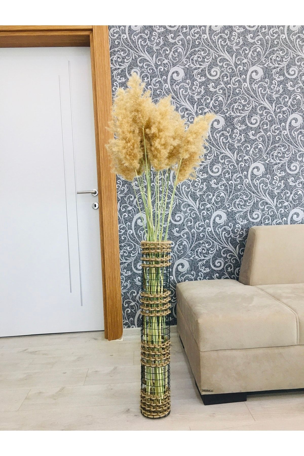 Asenya Hasır Örgü Vazo 70 Cm Üç Örgü Tasarım Hasır Örgülü Çiçeklik Yapay Çiçek Vazosu Dekoratif Saksı