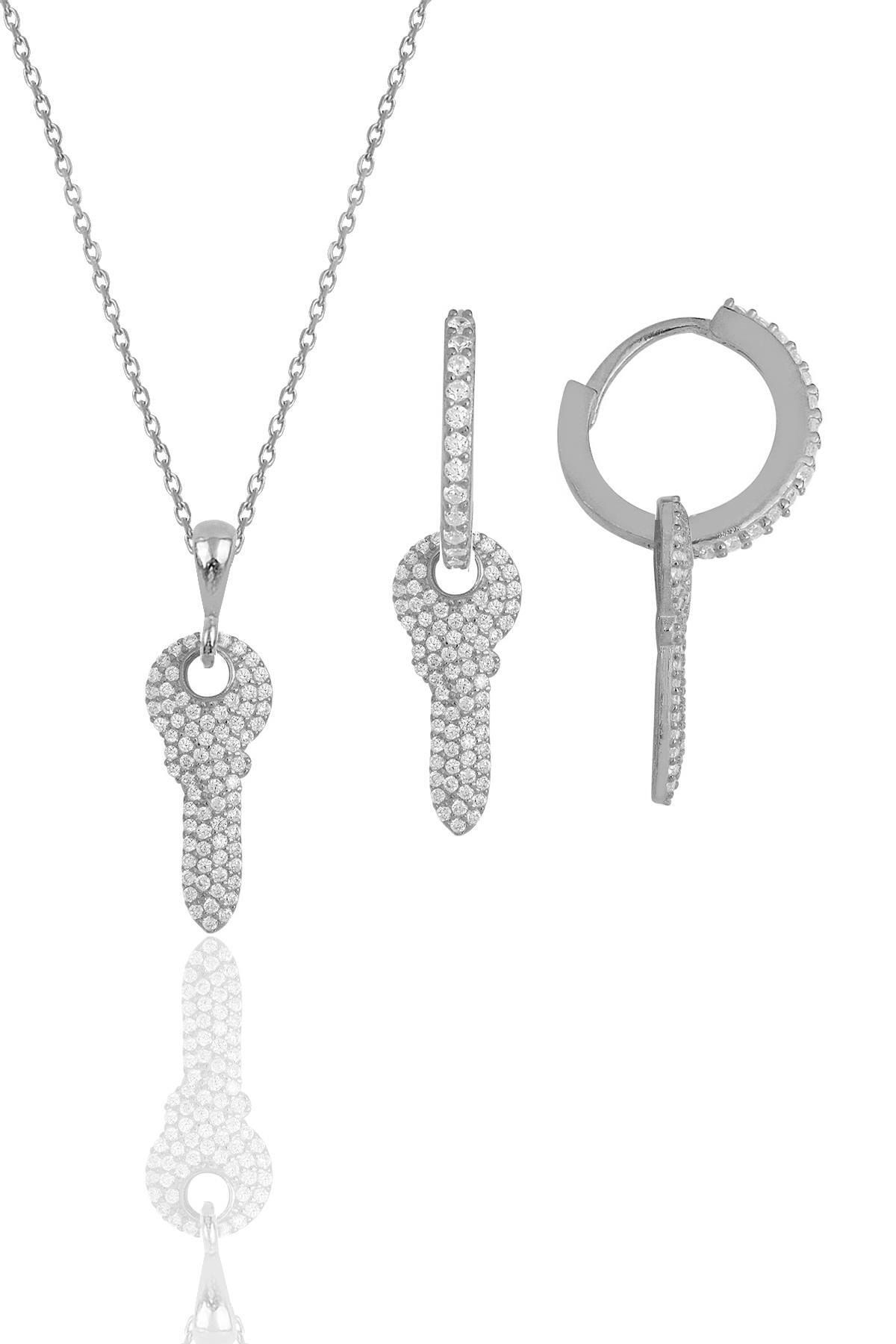 Söğütlü Silver Gümüş Rodyumlu Zirkon Taşlı Anahtar Kolye Ve Küpe Ikili Set