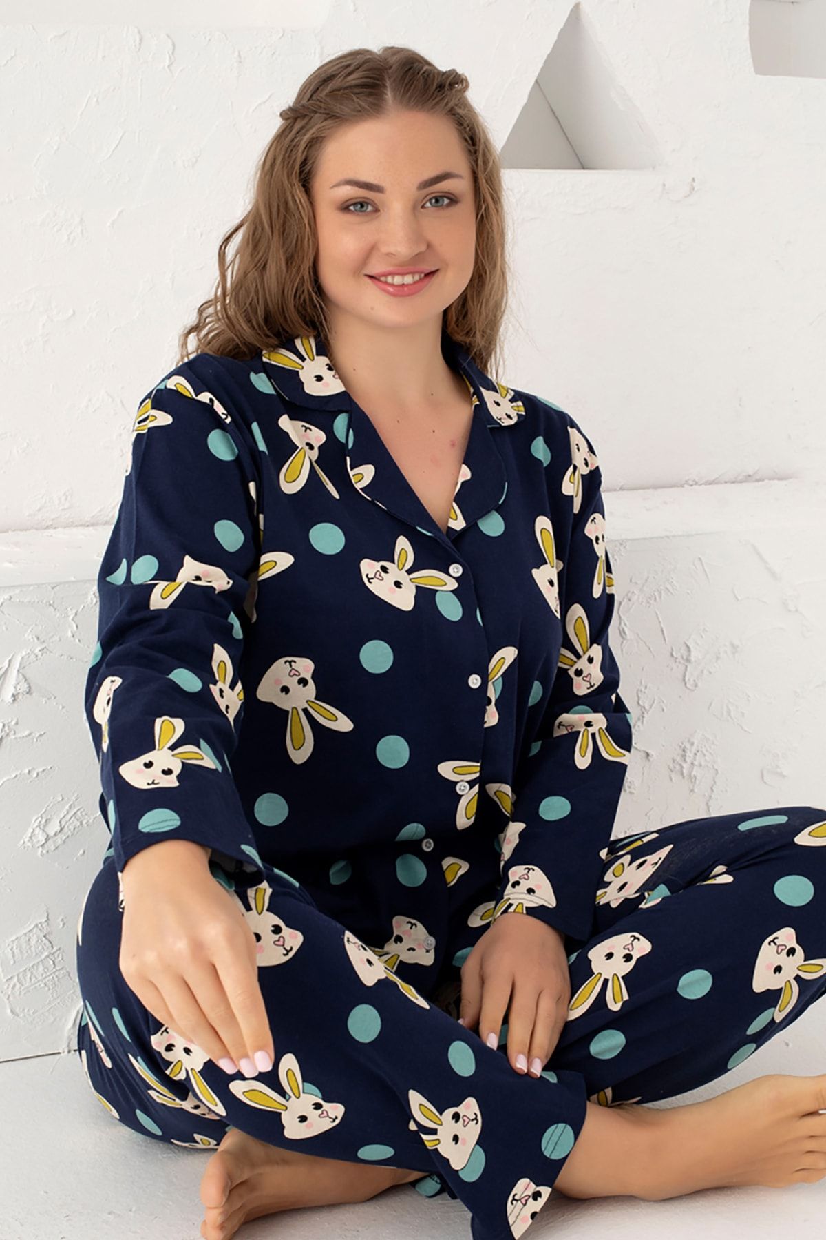 Siyah İnci Lacivert Pamuklu Düğmeli Büyük Beden Battal Pijama Takım