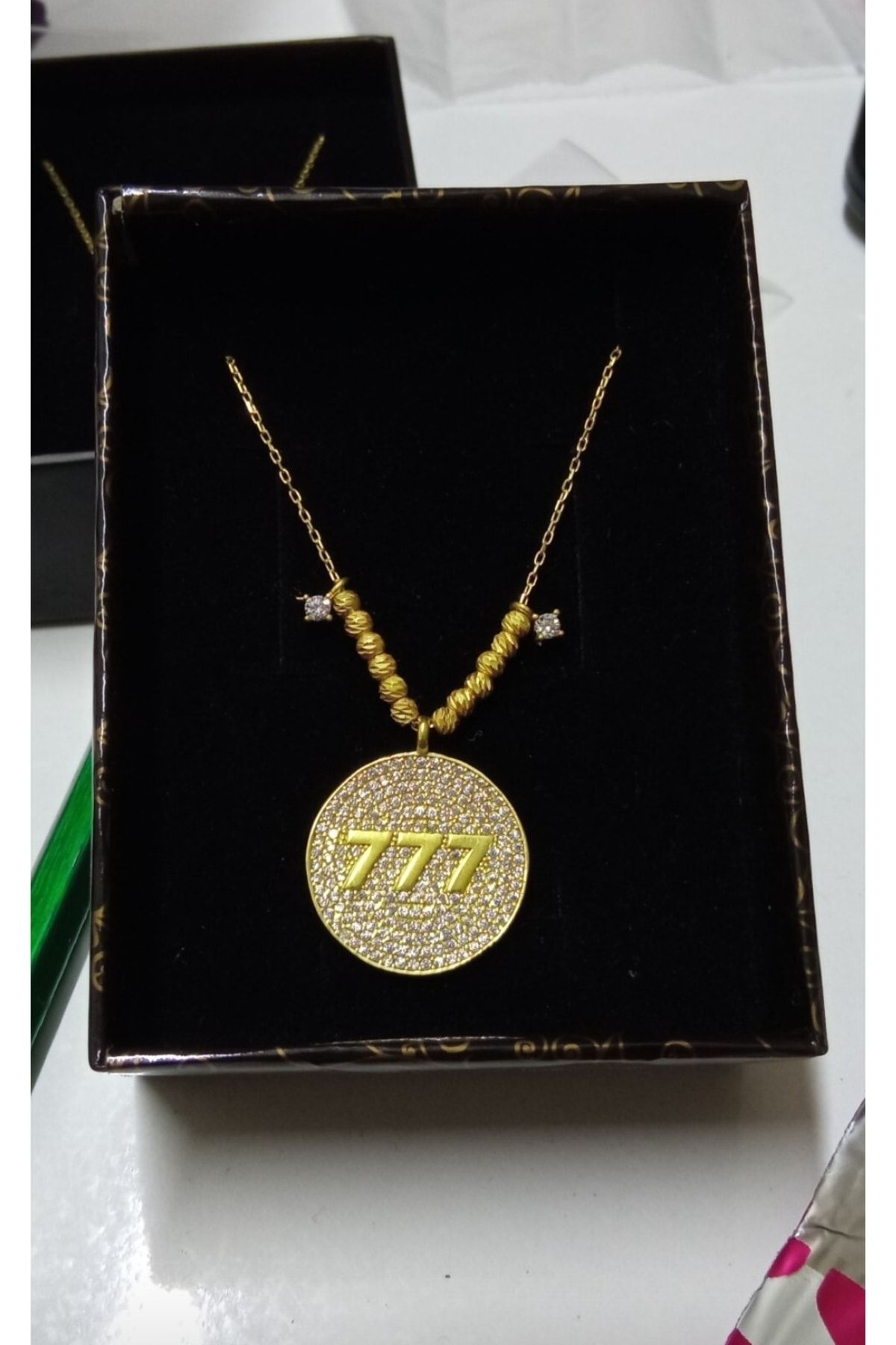 Bilsen Store 925 Ayar Gümüş Zincirli Altın Kaplama Dorika Toplu 777 Melek Sayısı Kolye