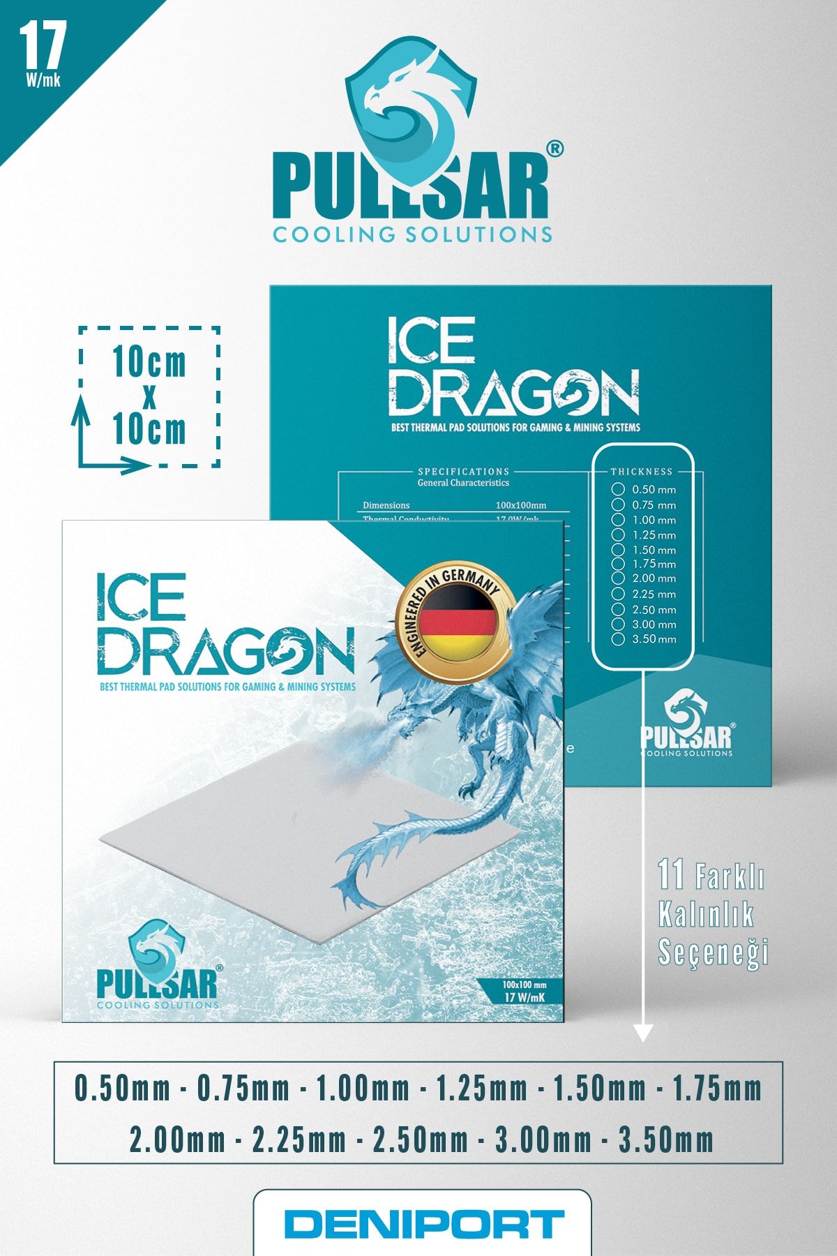 Pullsar Ice Dragon® Thermal Pad, 100x100 Mm, 3,00 Mm, 17.0 W/m-k, Maksimum Soğutma Gücü!