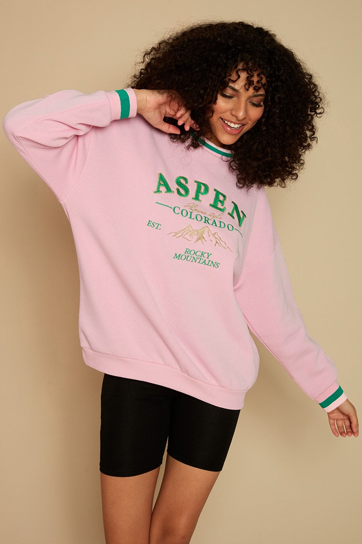 Select Moda Kadın Pembe Yazı Detaylı Basic Örme Sweatshirt