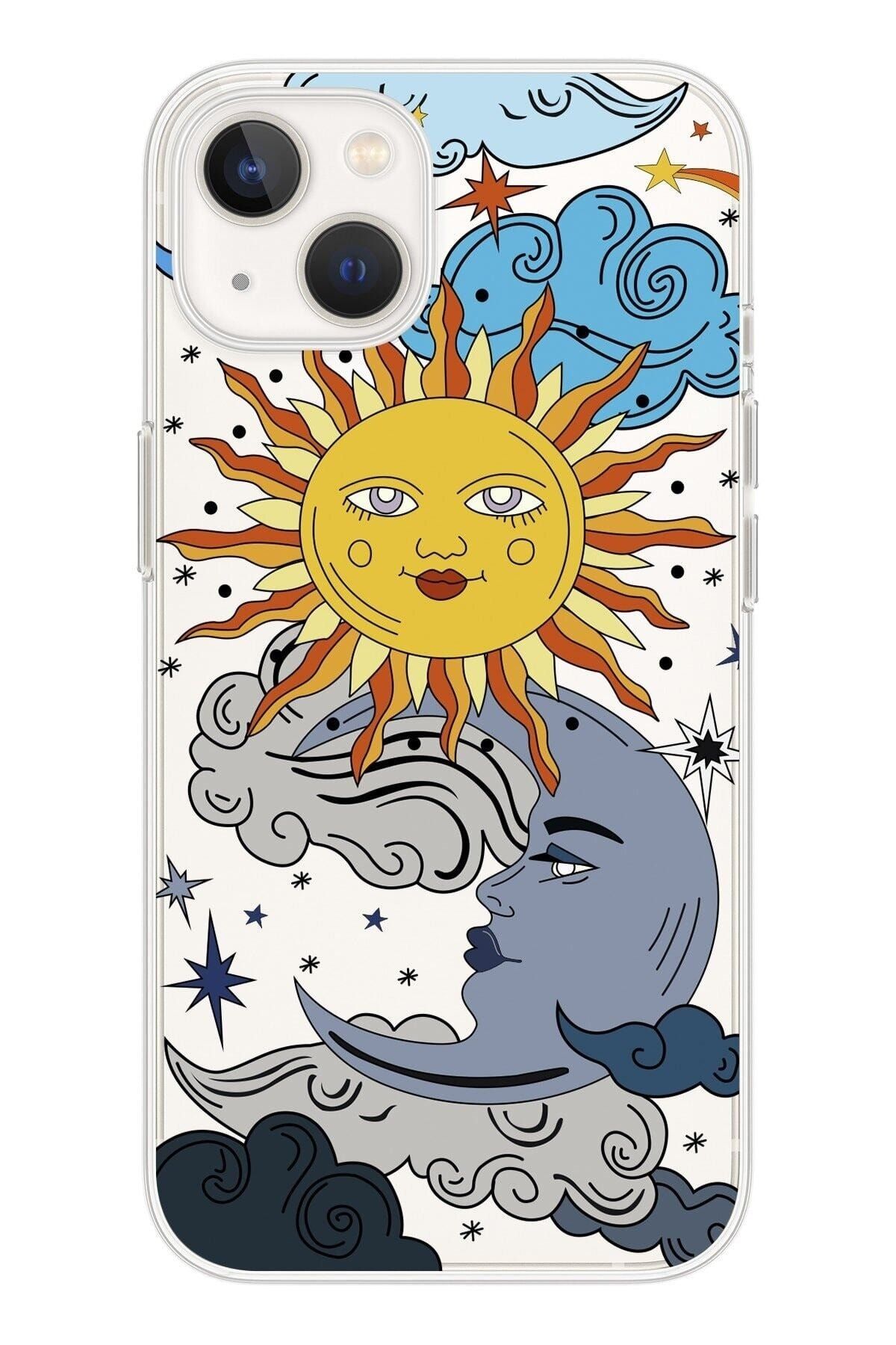 butikcase Iphone 13 Kılıf Güneş Ay Desenli Şeffaf Kılıf