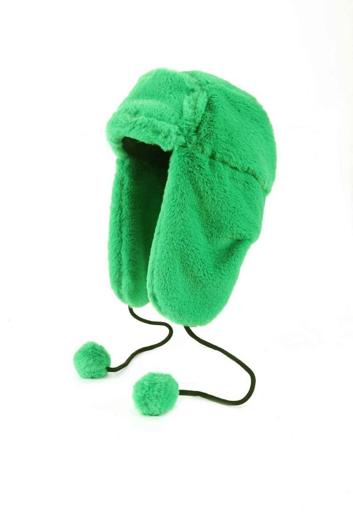 Kapin Suni Kürk Peluş Kulaklı Ponpon Detaylı Şapka - Yeşil