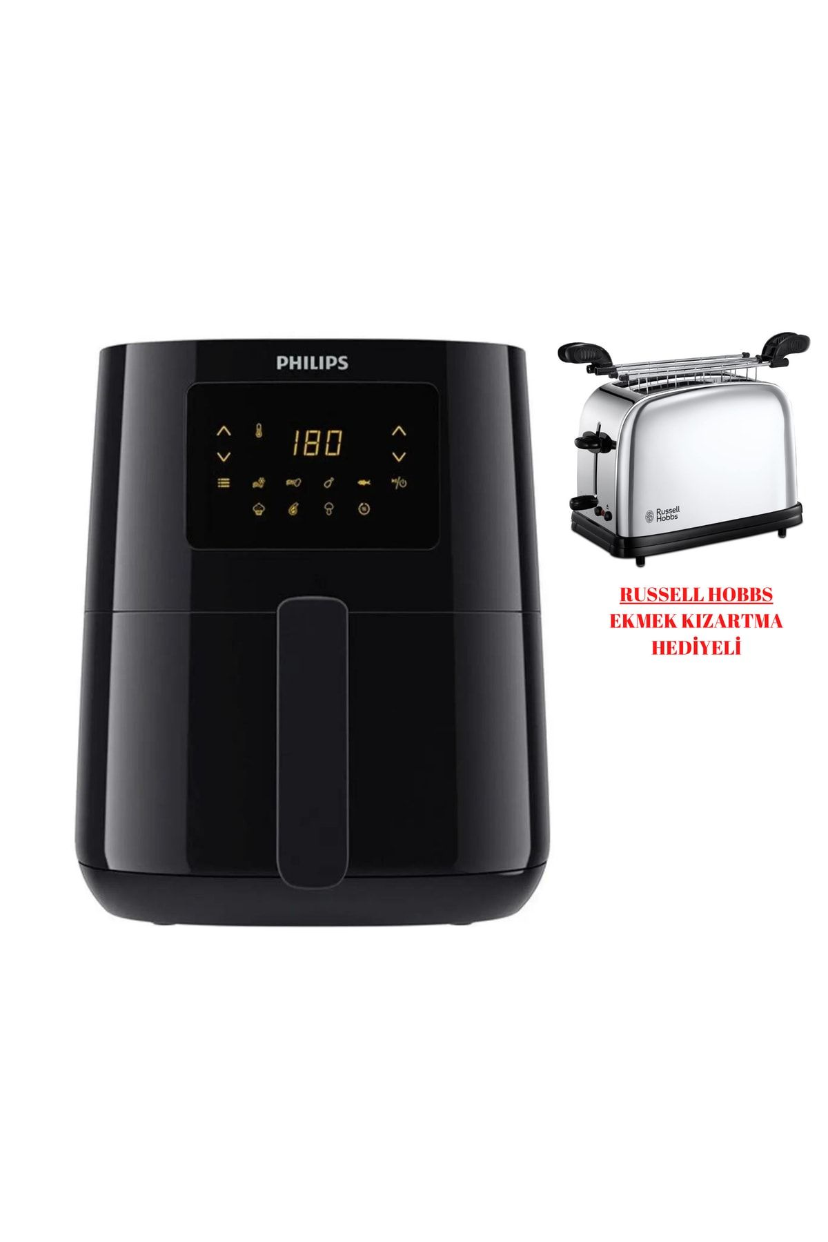 Philips Essential Airfryer Fritöz 4.1l 0.8kg. Siyah + Russell Ekmek Kızartma Makinesi Inox Yeni Seri