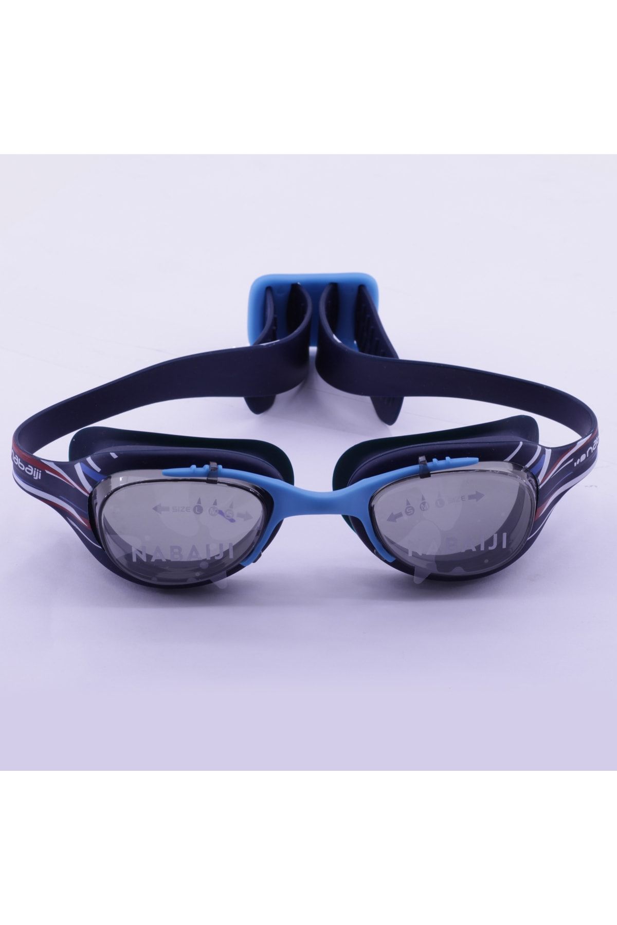 CN Ticaret Yetişkin Yüzücü Gözlüğü Mavi Siyah Çizgili Baskılı L Boy Şeffaf Camlı Nabaiji
