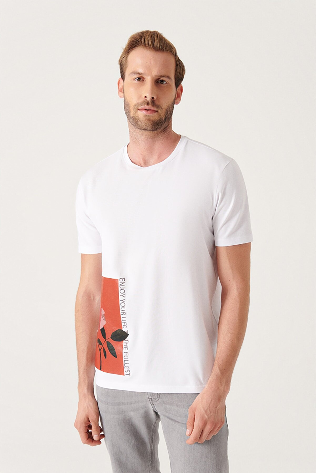 Avva Erkek Beyaz Grafik Baskılı Pamuklu T-shirt A21y1081