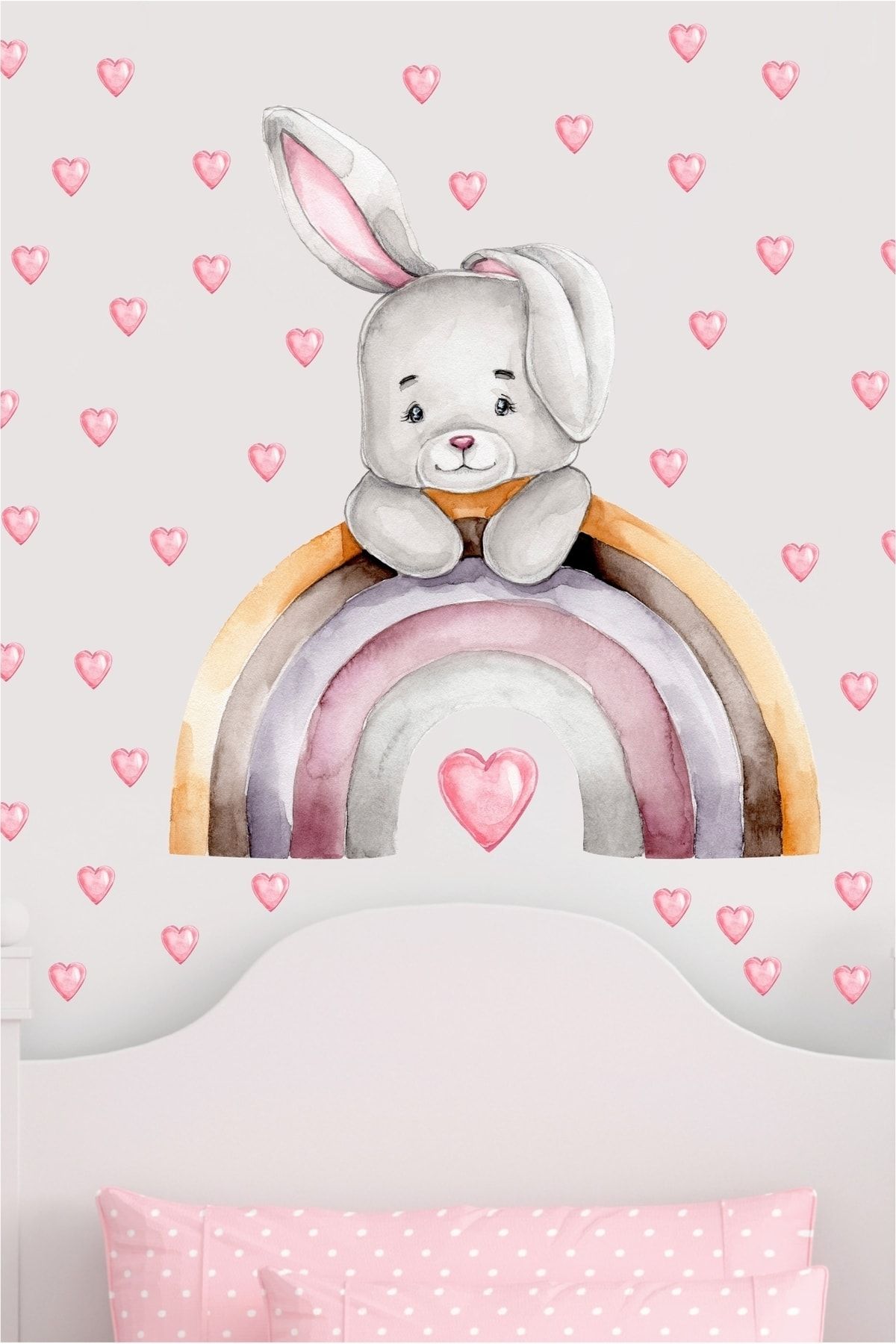 efekt reklam Sevimli Tavşan Ve Renkli Gökkuşağı Pembe Kalpler Çocuk Bebek Odası Duvar Kağıdı Süsü Duvar Sticker
