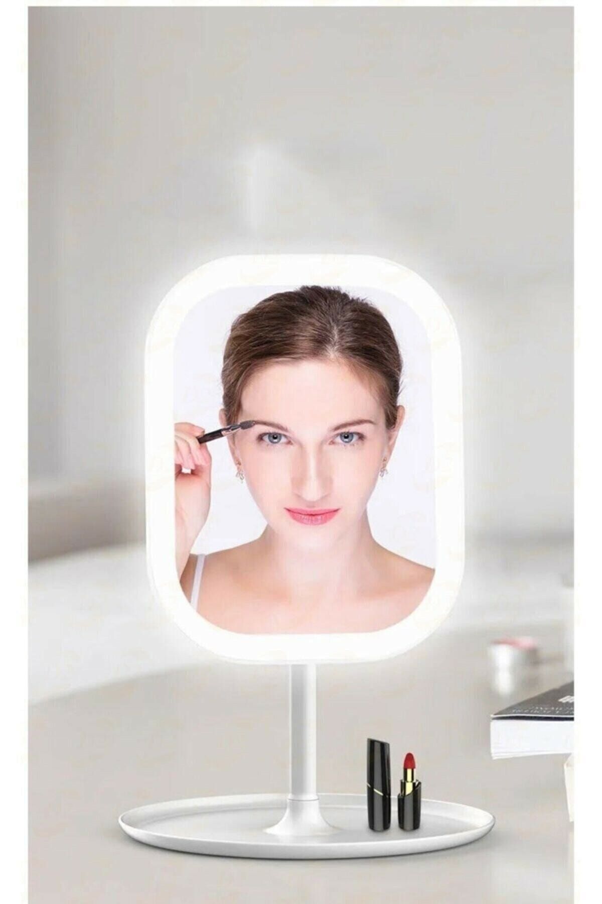 caddeoutlet 3 Renk Ledli Taşınabilir Masaüstü Şarjlı Işıklı Makyaj Aynası 90 Derece Açı Dikdörtgen Beyaz Ledli