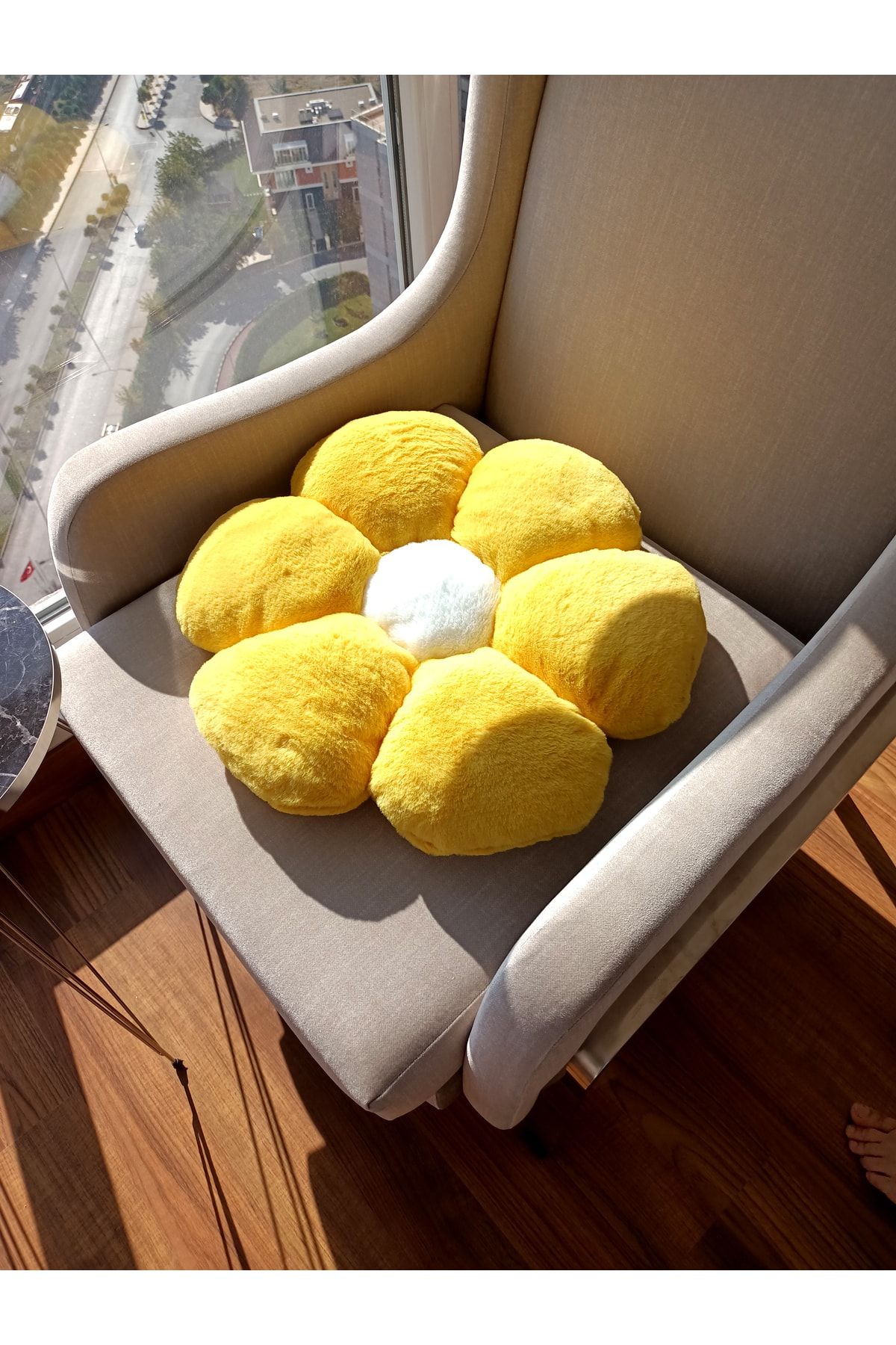 set dizayn Peluş Yastık Papatya Minder Sandalye Minderi Dekor Yastık Tasarım Peluş Kırlent 50cm Sarı Beyaz