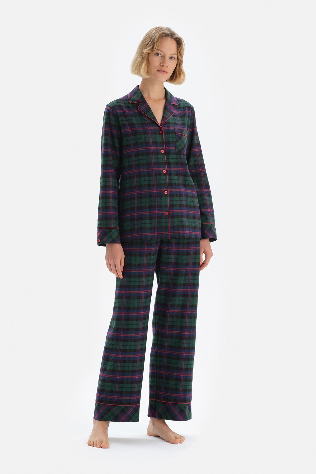Dagi Yeşil Ceket Yakalı Ekoseli Dokuma Pijama Takım