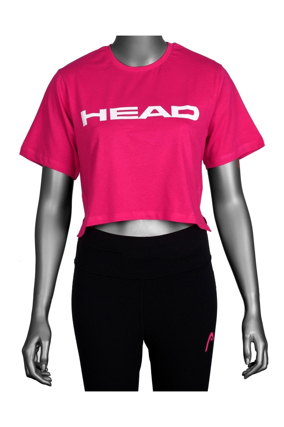 Head Kadın Pembe Logo Baskılı Pamuklu Bisiklet Yaka Spor Şık Croptop Spor T-shirt Tenis Tişört