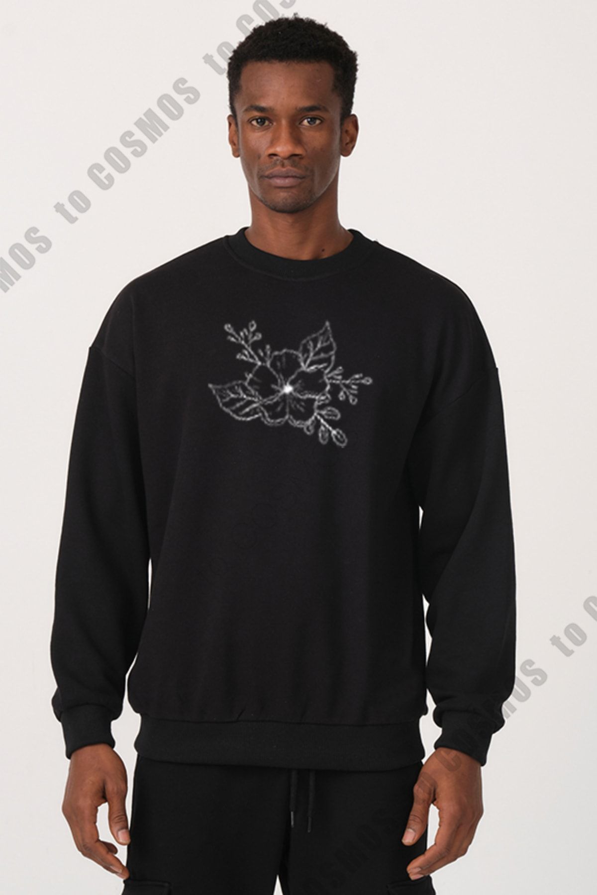 to COSMOS Flower Baskılı Siyah Erkek Sweatshirt