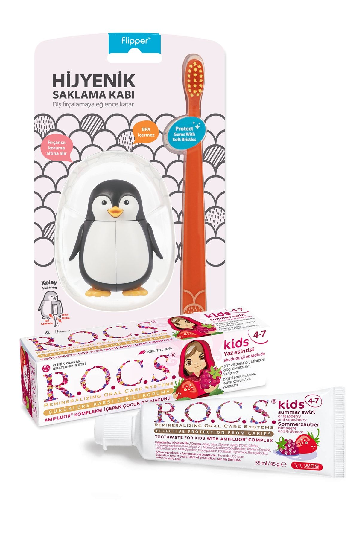 R.O.C.S. Kids 4-7 Yaş Ahududu/çilek Diş Mcn+flipper Figürlü Saklama Kabı + Diş Fırçası Seti-penguen