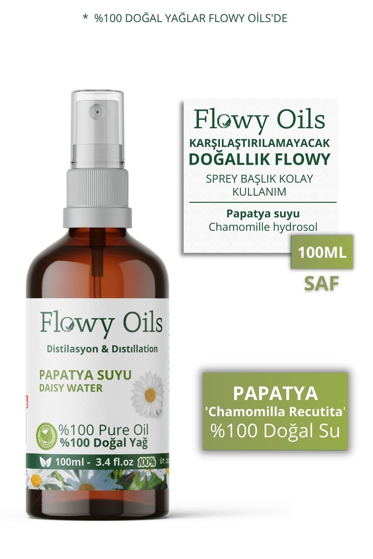 Flowy Oils Papatya Suyu Cam Şişe %100 Tam Saf Doğal Yağlı Distilasyon Hidrosöl Suyu Chamomille Hydrosol 100ml
