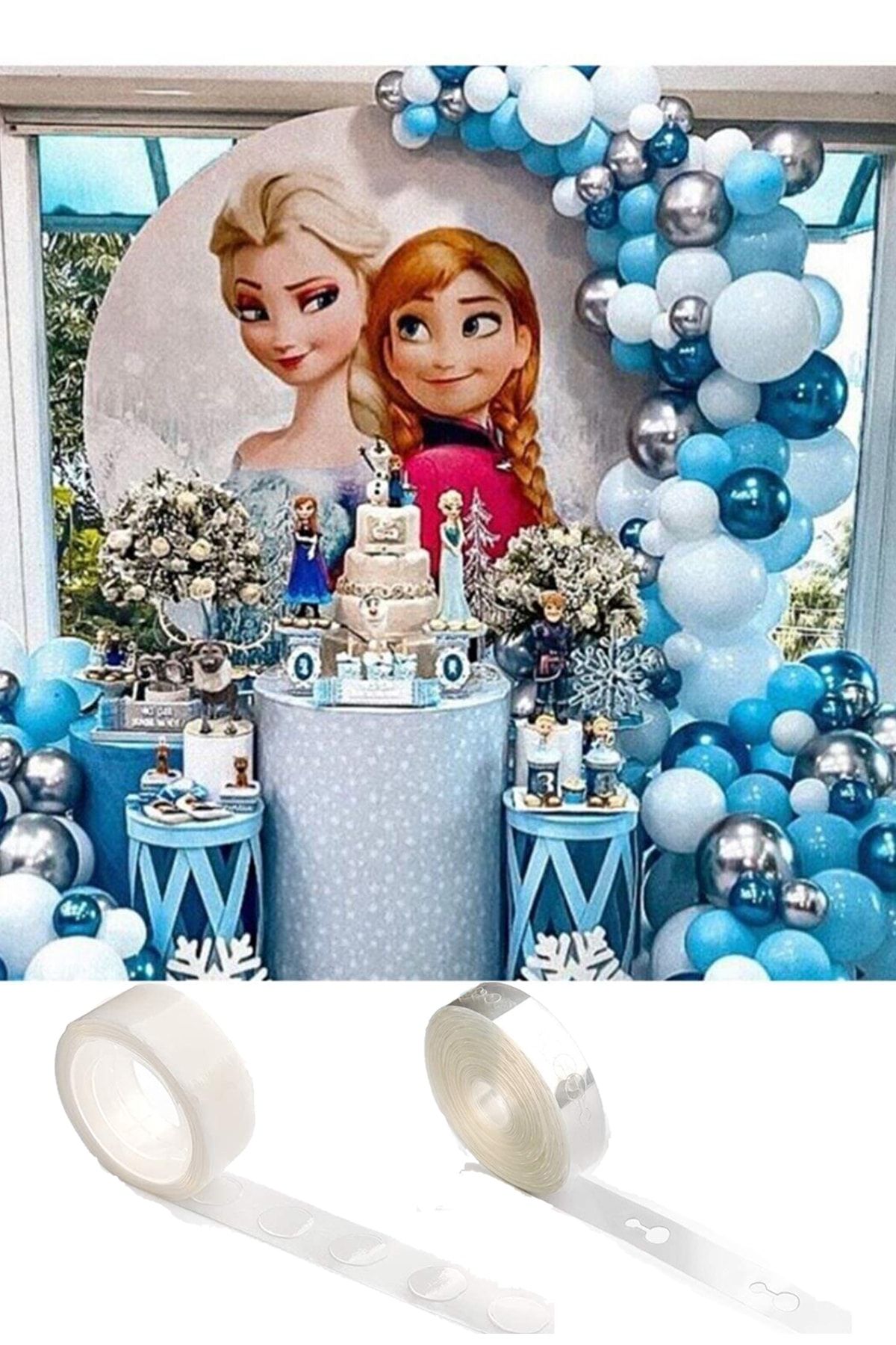 Parti Dolabı Elsa Frozen Konsept Balon Zincir Ve Yapışkan Set (6 Krom Mavi 6 Krom Gümüş,20 Beyaz ,20 Mavi Balon)