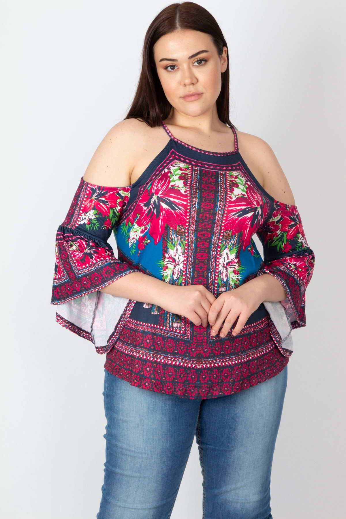 Şans Tekstil Kadın Fujya Omuz Dekolteli Kolları Volan Detaylı Renkli Bluz 26a30265
