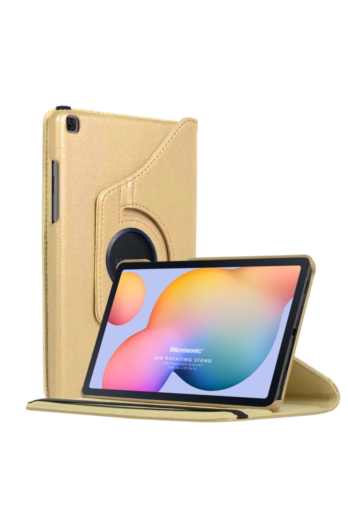 Microsonic Galaxy Tab S6 Lite 10.4" P610 Uyumlu Kılıf 360 Rotating Stand Deri Gold