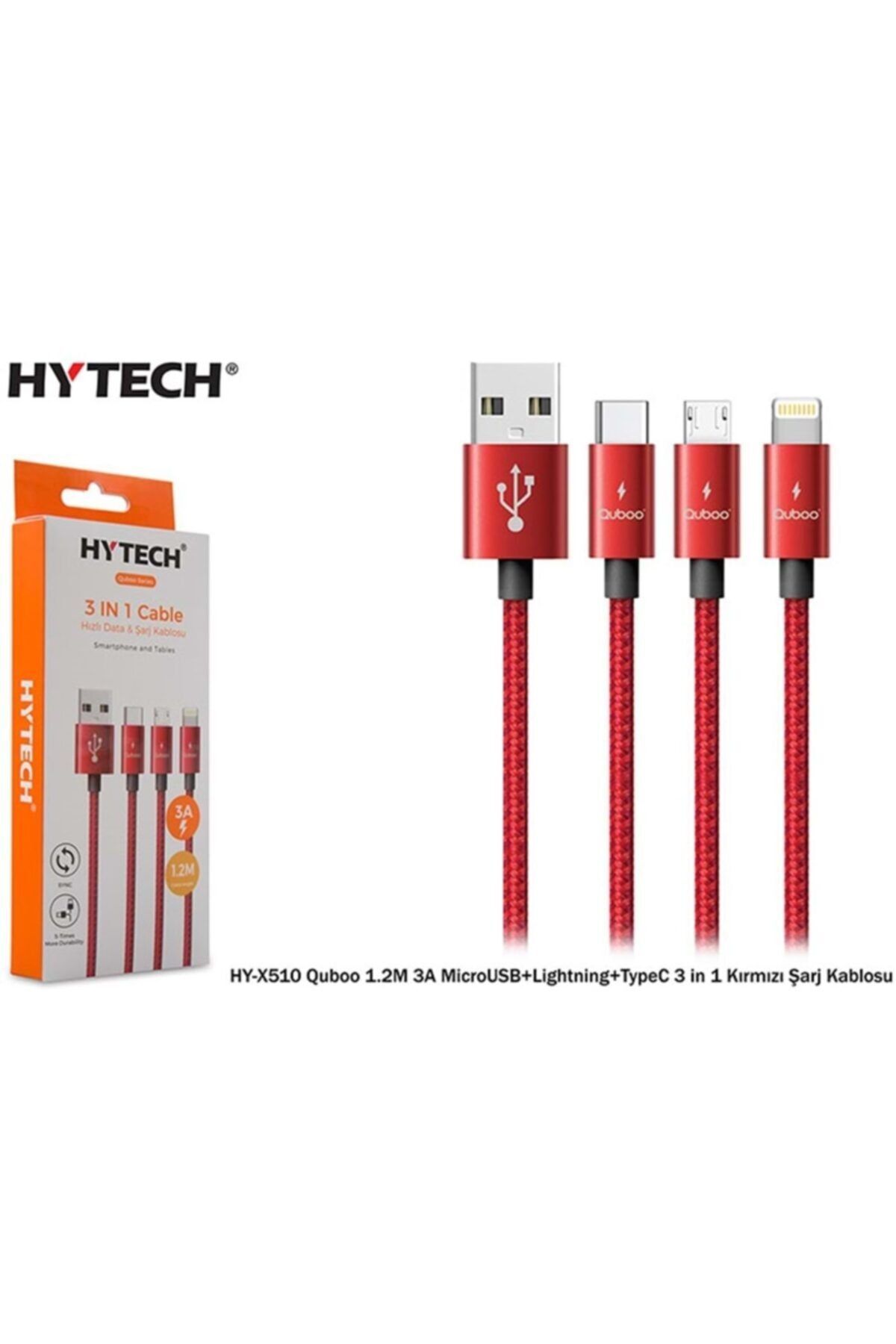 Hytech Hy-x510 Quboo 1.2m 3a Micro Usb+lightning+typec 3 In 1 Kırmızı Şarj Kablosu