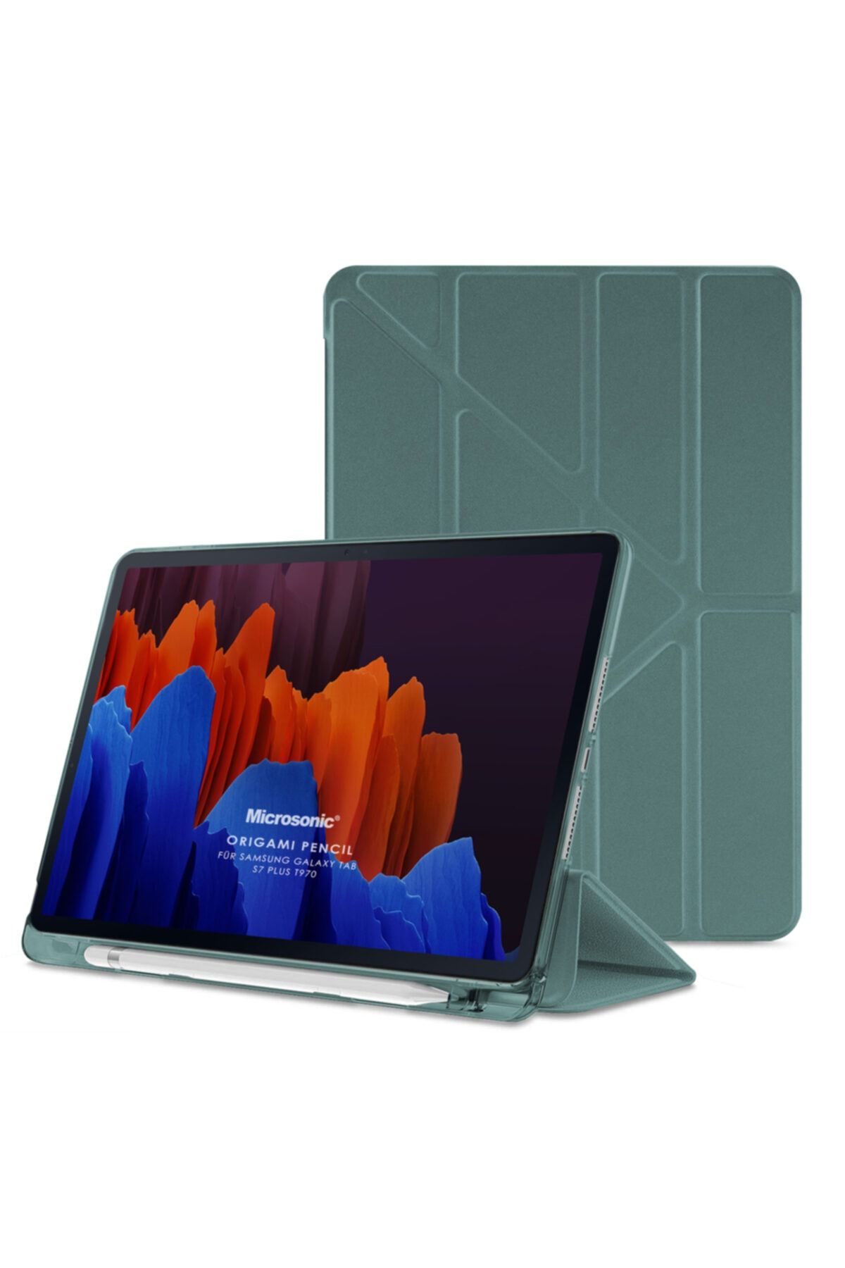 Microsonic Galaxy Tab S7 Plus T970 Kılıf Origami Pencil Koyu Yeşil