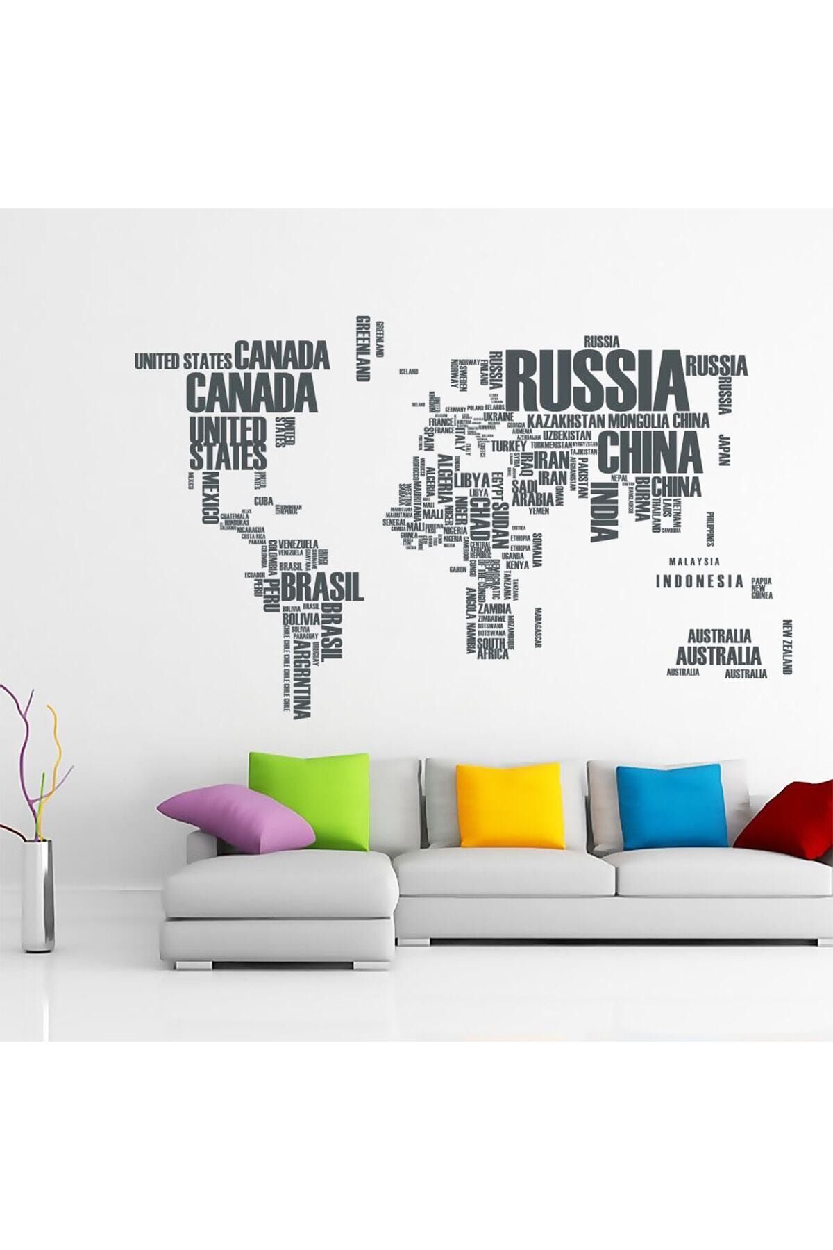 Tilki Dünyası Dünya Haritası Ülke Adları XL Duvar Sticker Dünya Ülkeleri Atlas Dekoratif Duvar Sticker