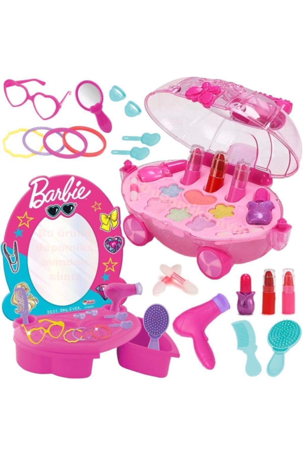 DEDE Barbie Oyuncak Güzellik Salonu + Oyuncak Makyaj Arabası Sürülebilir Çocuk Makyaj Set Depomiks Avm