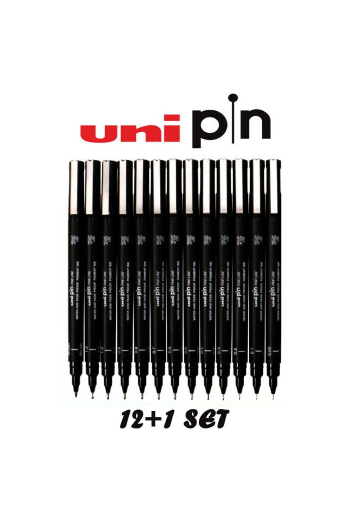 Uni Ball Pin Brush + Fine Line Kalem Seti Siyah (12+1)
