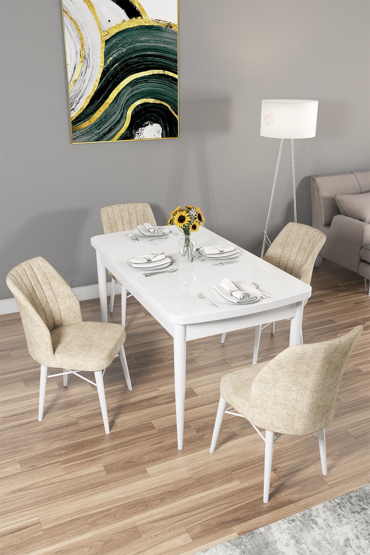 Rovena Arel Beyaz 80x132 Mdf Açılabilir Mutfak Masası Takımı 4 Adet Sandalye