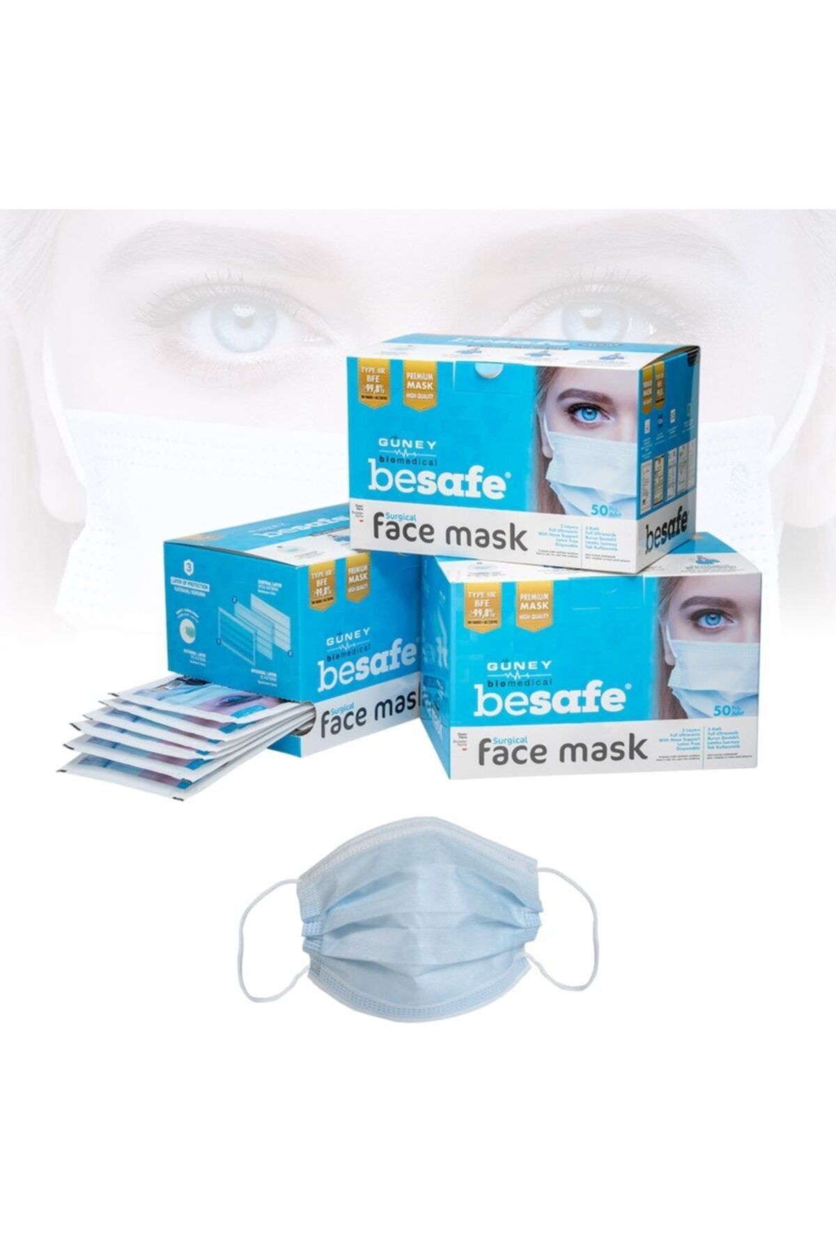 Besafe Güney Biyomedikal Tekli Ambalaj Premium Kutu Cerrahi Maske 3 Katlı Mb 150 Adet