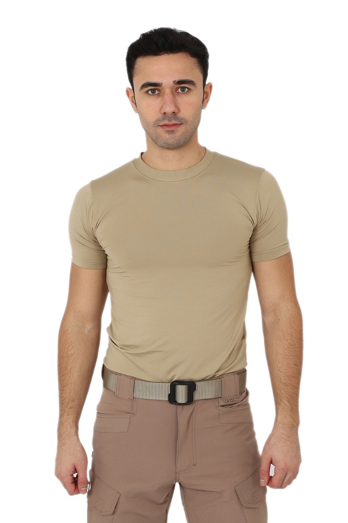 Asker Marketi Erkek Bej Microfiber Tişört Kısa Kol Micro Askeri Malzeme T-shirt