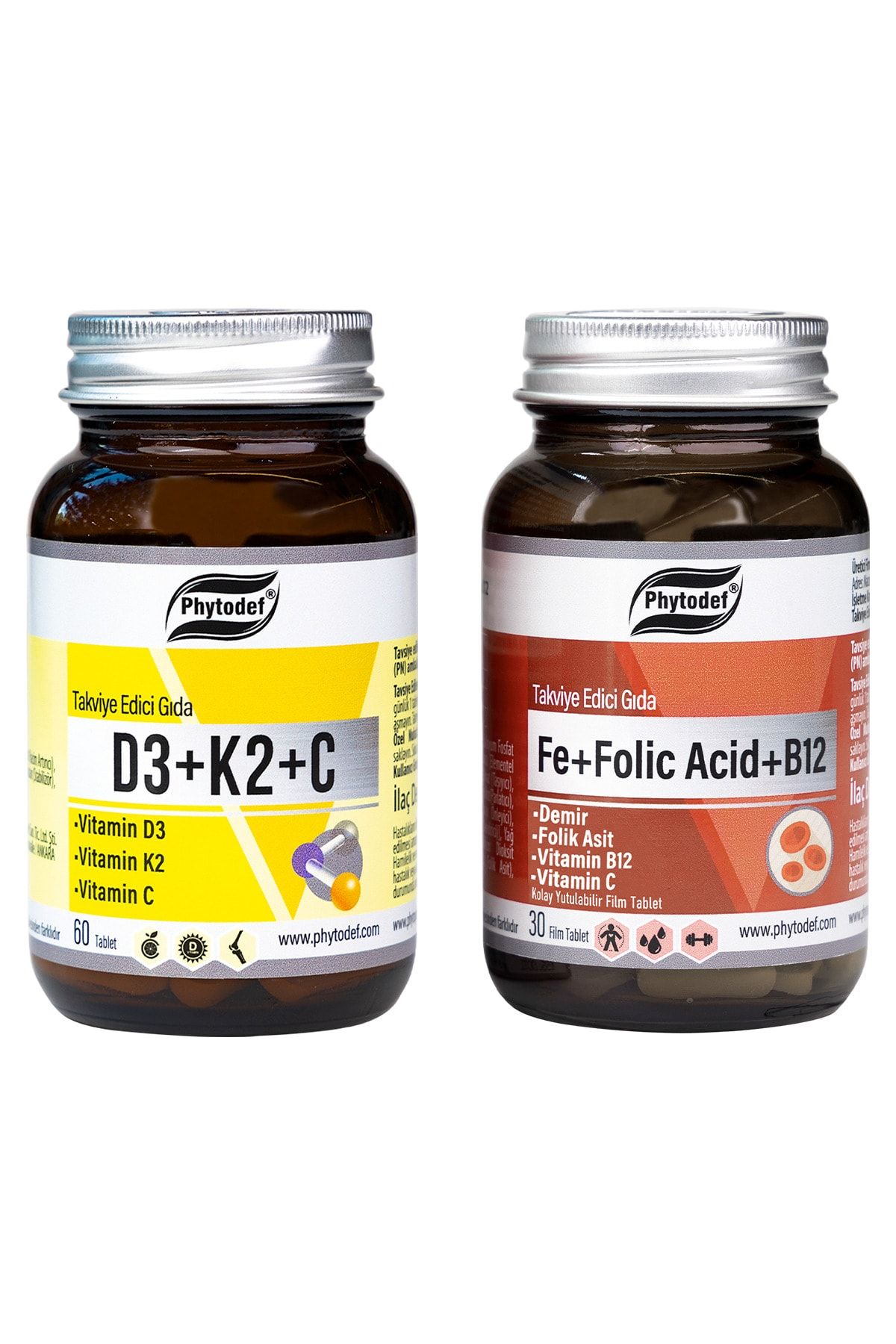 Phytodef Demir + Folik Asit + Vitamin B12 + Vitamin C - 30 Tablet & D3 + K2 + C - 60 Tablet
