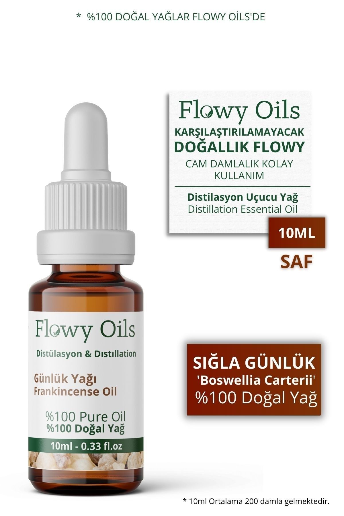 Flowy Oils Sığla Günlük Yağı %100 Doğal Bitkisel Uçucu Yağ Akgünlük Yağı Frankincense Oil 10ml