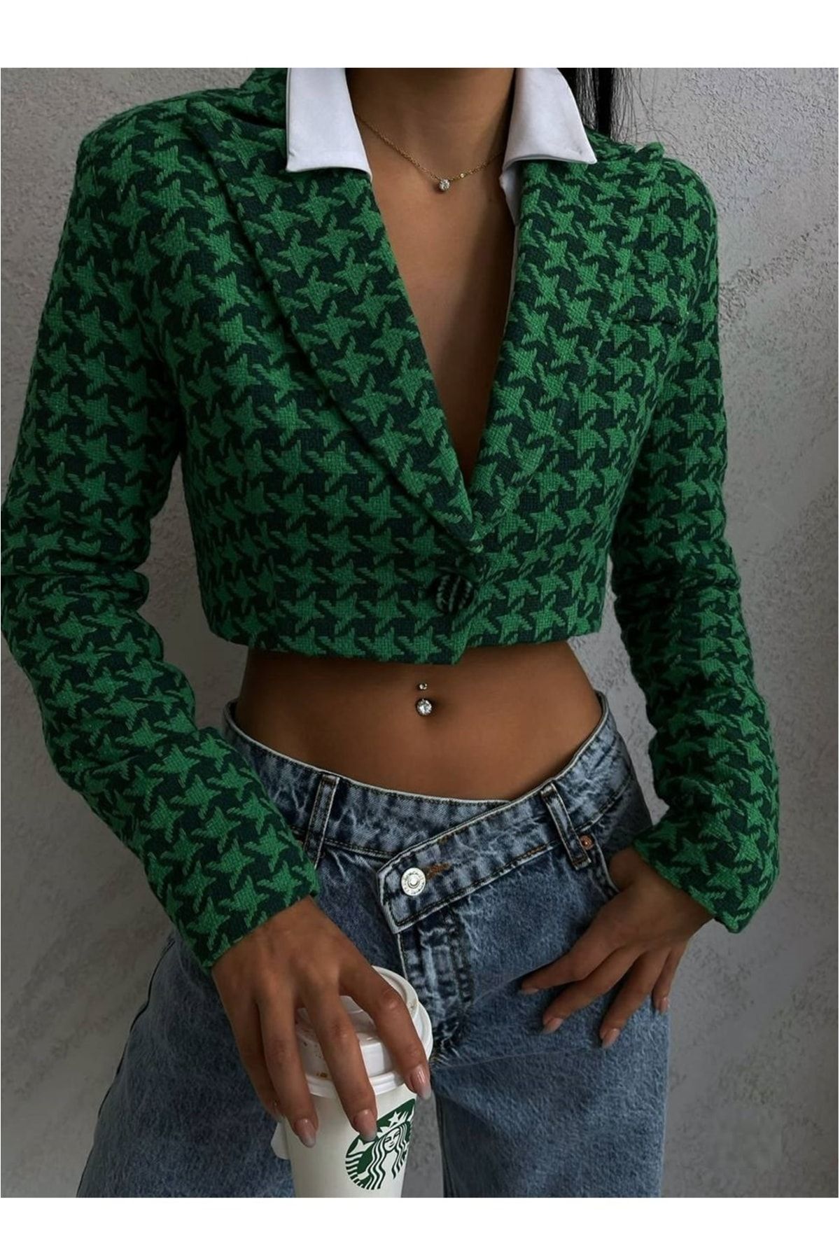 lovebox Kadın Kazayağı Desen Crop Tüvit Yeşil Ceket 9134