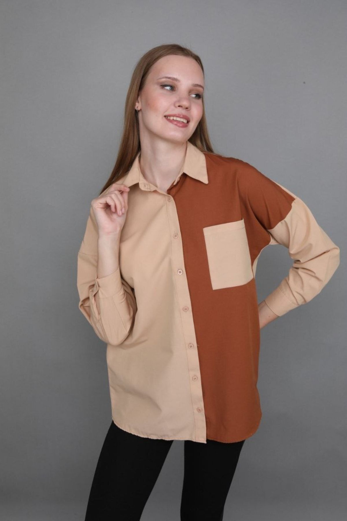 SAPPHIRE Kadın Renk Bloklu Cepli Trend Gömlek