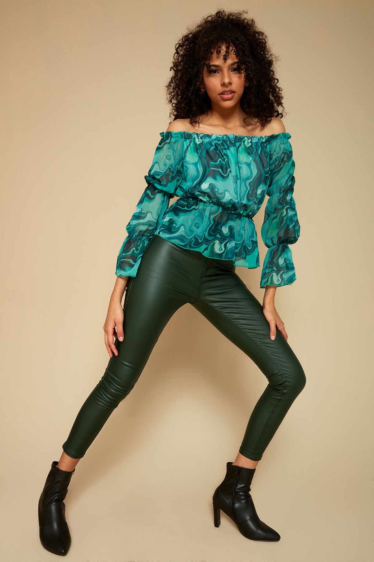 Select Moda Kadın Yeşil Deri Görünümlü Skinny Pantolon