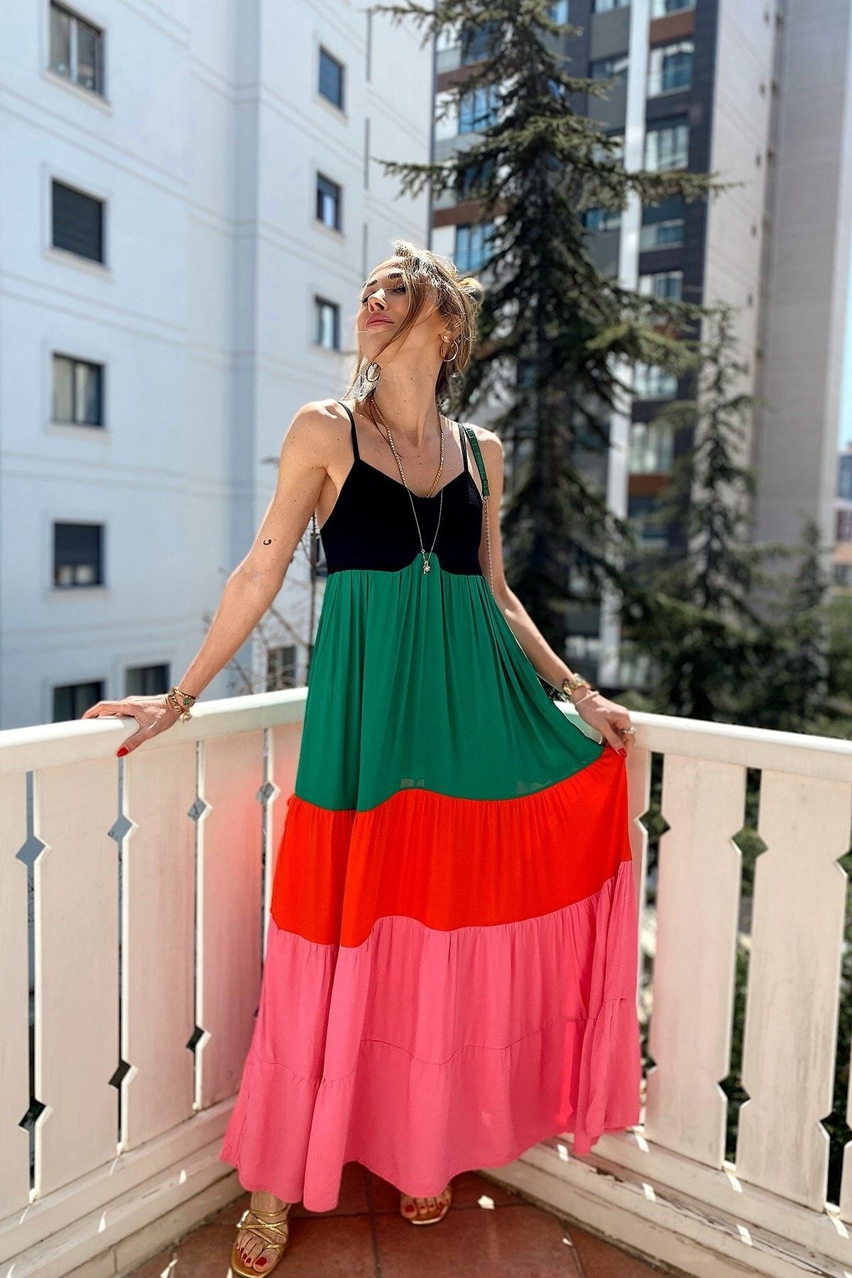 Modagusto Multi Renk Bloklu Önü Büzgülü Maxi Elbise