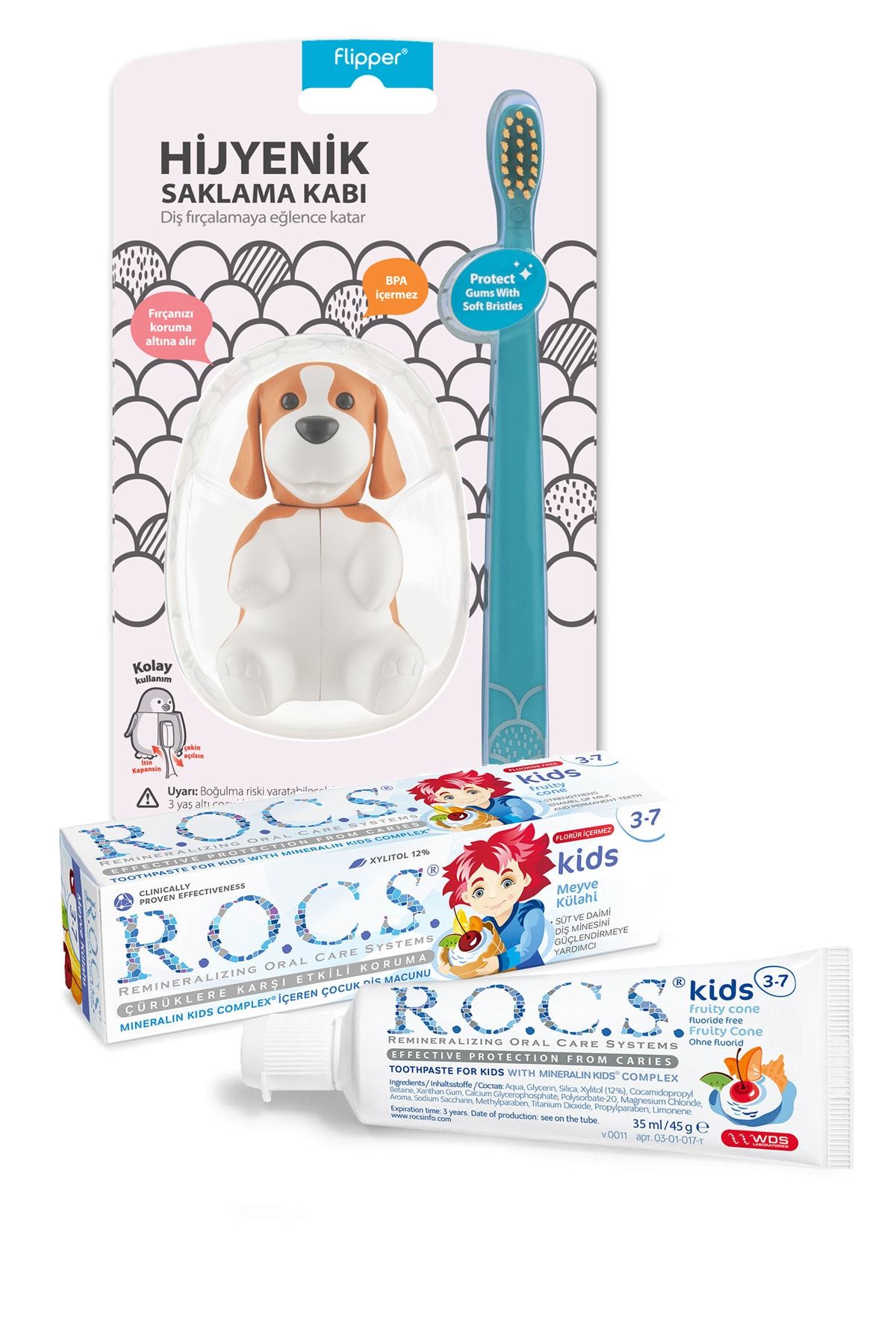 R.O.C.S. Kids 3-7 Yaş Florürsüz Diş Mcn + Flipper Figürlü Saklama Kabı + Diş Fırçası Seti-köpek
