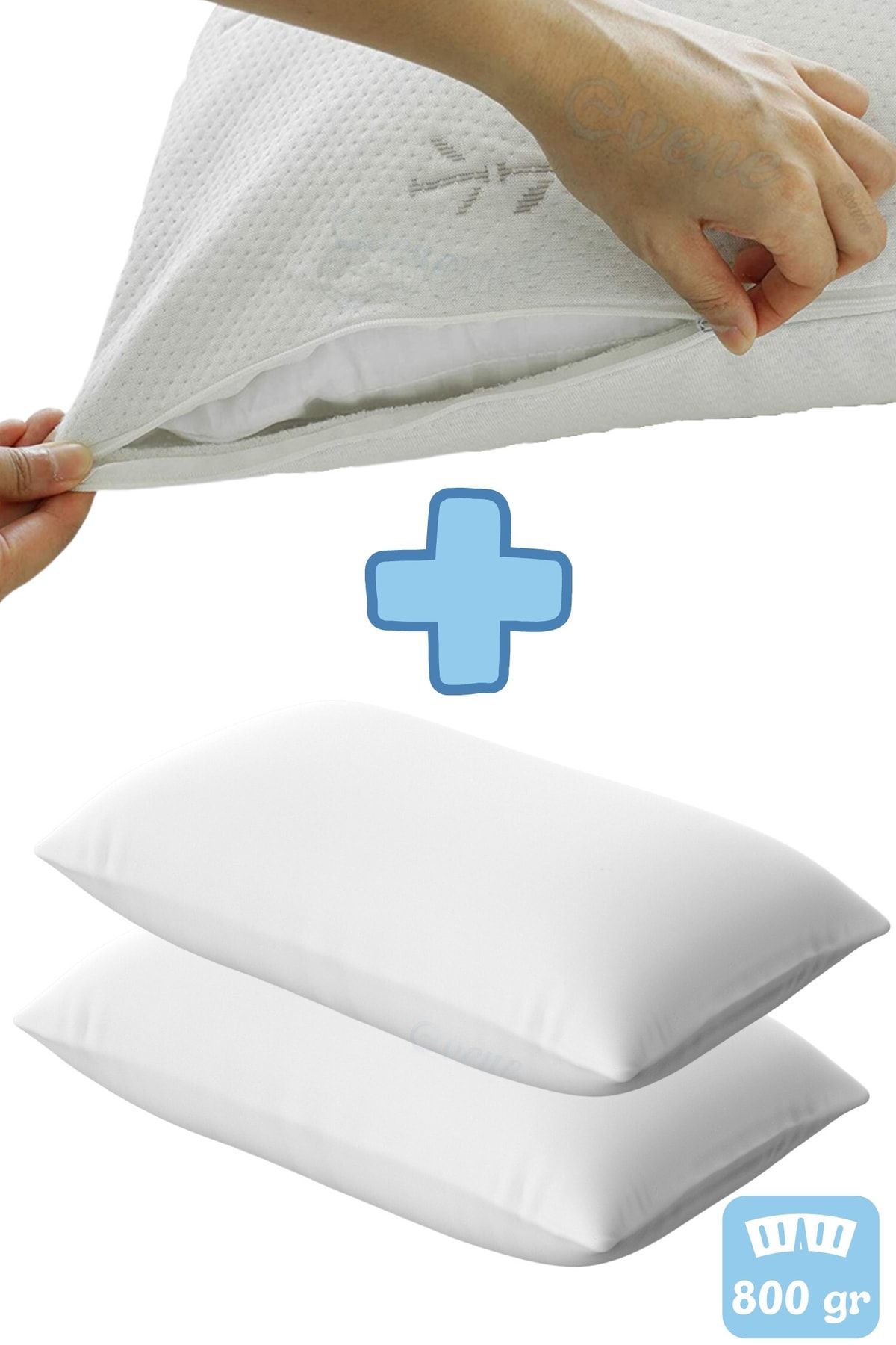 Evene Yastık Boncuk Elyaf Antibakteriyel Uyku Yastığı Pamuklu 800 Gr + Pamuklu Fermuarlı Kılıf 2 Adet