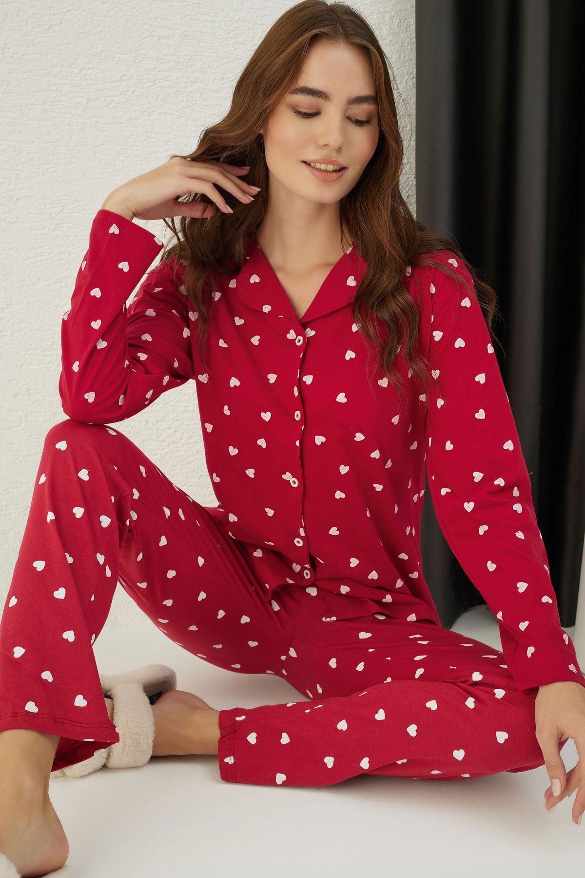 ELİTOL Pamuklu Likralı Düğmeli Pijama Takım