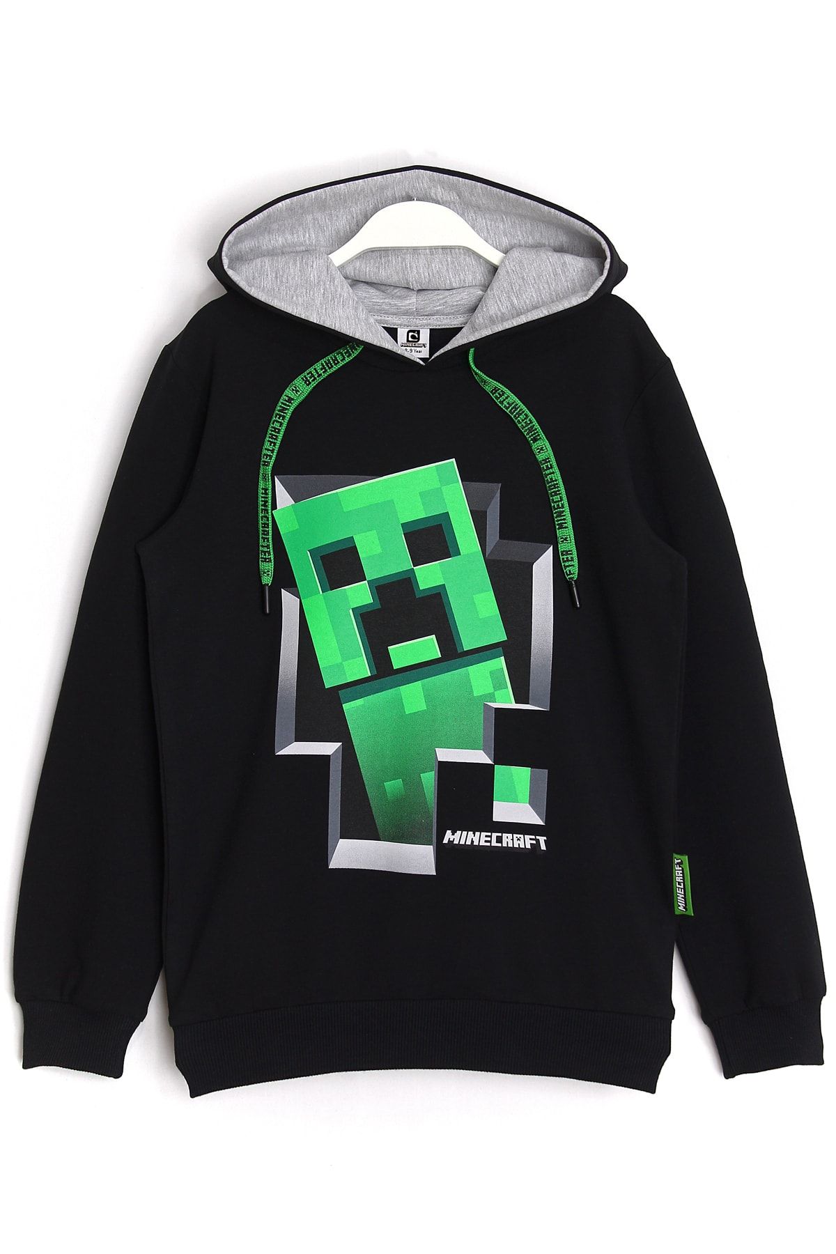 DobaKids Çocuk Minecraft Creeper Baskılı Bağcık Detaylı Kapüşonlu Sweatshirt Hoodie Siyah Renk