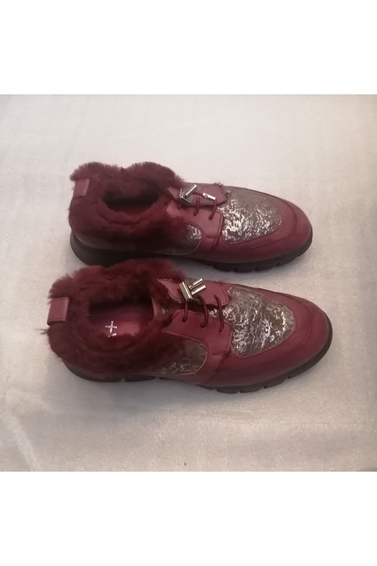 Sail Lakers Kadın Hakiki Deri Bordo Antik Gümüş Baskı Kürklü Eva Tabanlı Yumuşak Bağcıklı Ayakkabı