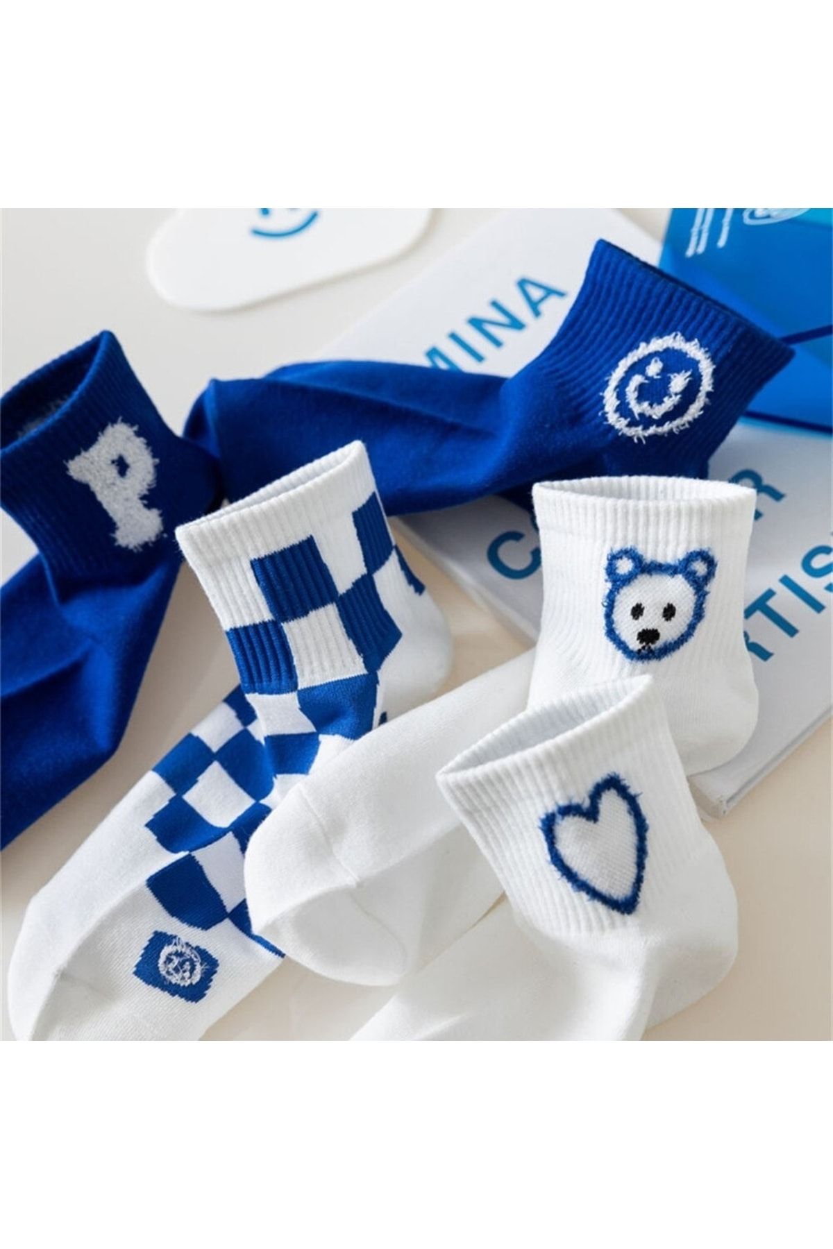 çorapmanya 5 Çift Panda Desenli Mavi Beyaz Unisex Kolej Tenis Çorap
