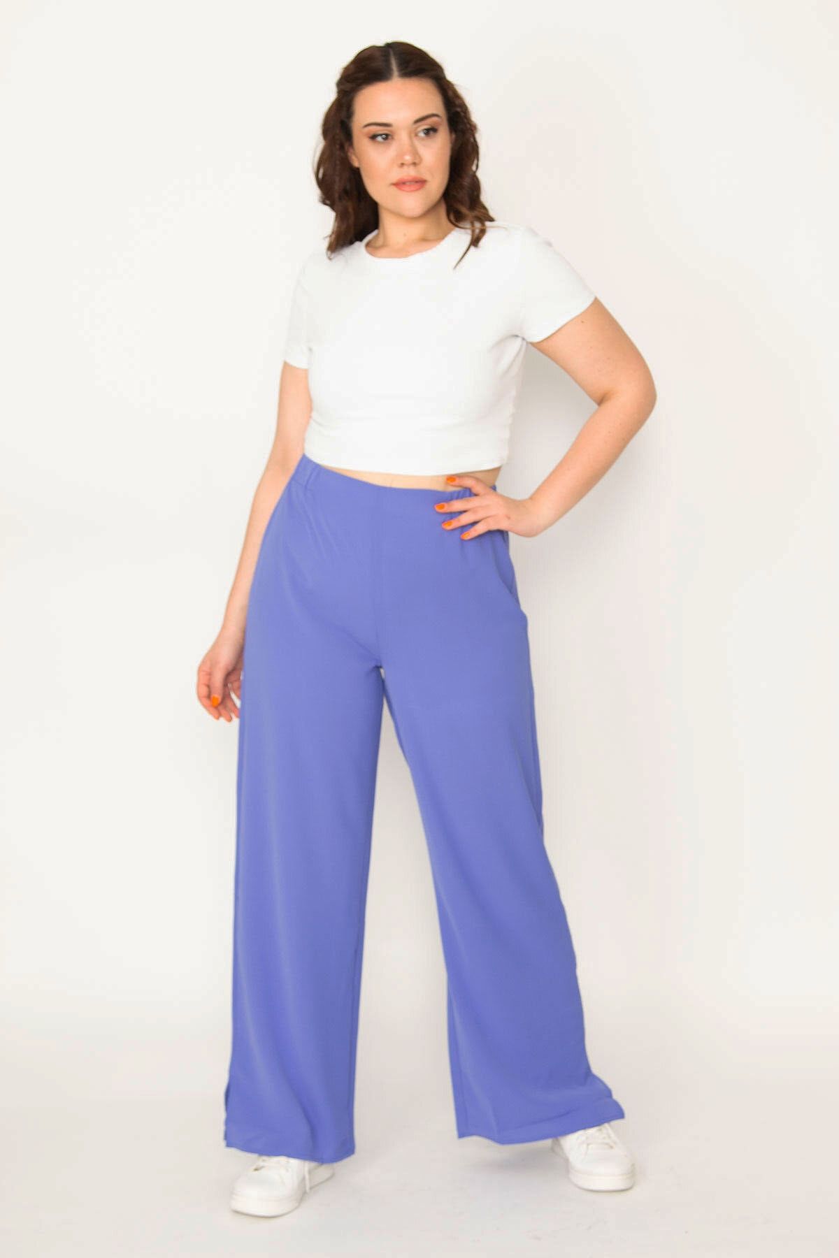 Şans Tekstil Kadın Mavi Paça Yırtmaç Detaylı Bel Yarım Lastik Spor Pantolon 85n7256
