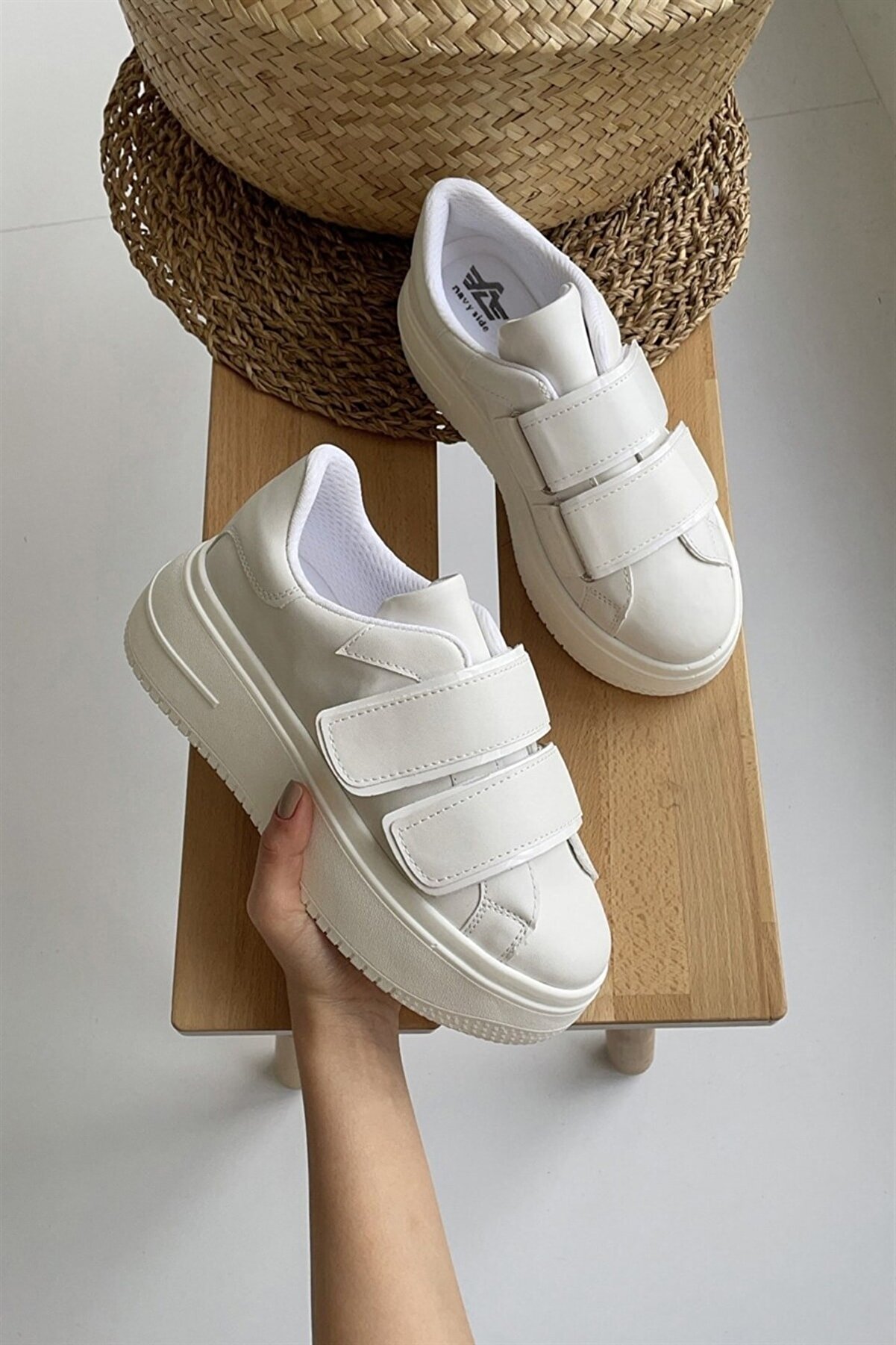 NAVYSIDE Kadın Beyaz Cırt Cırtlı Sneaker Spor Ayakkabı-Taban 5 cm-Yürüyüş Ayakkabısı Yüksek Tabanlı Bantlı