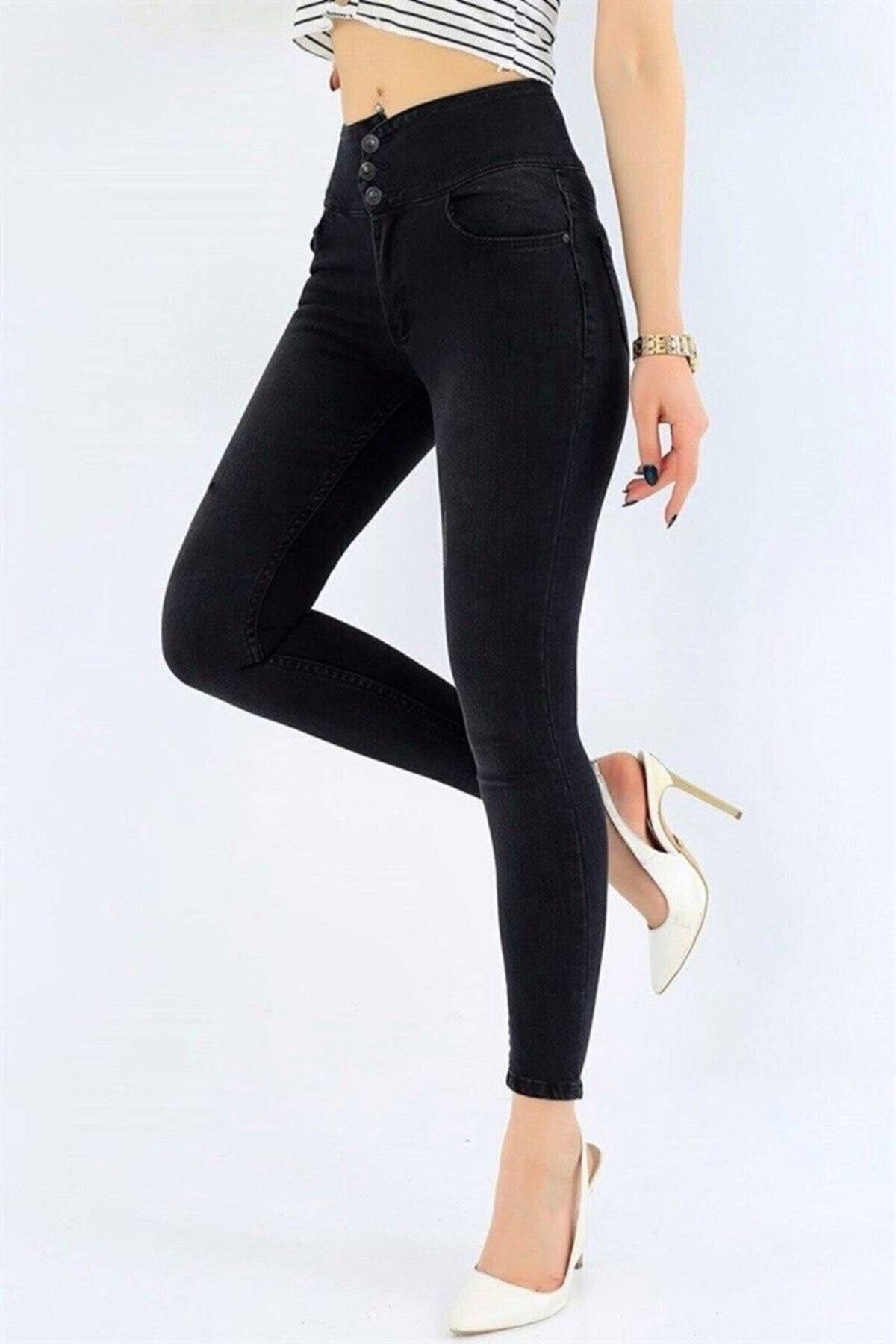 rengamoda Kadın Siyah, Dar Paça Ve Slim Fit Full Likralı Yüksek Bel Üç Düğmeli Jean Pantolon 90cm