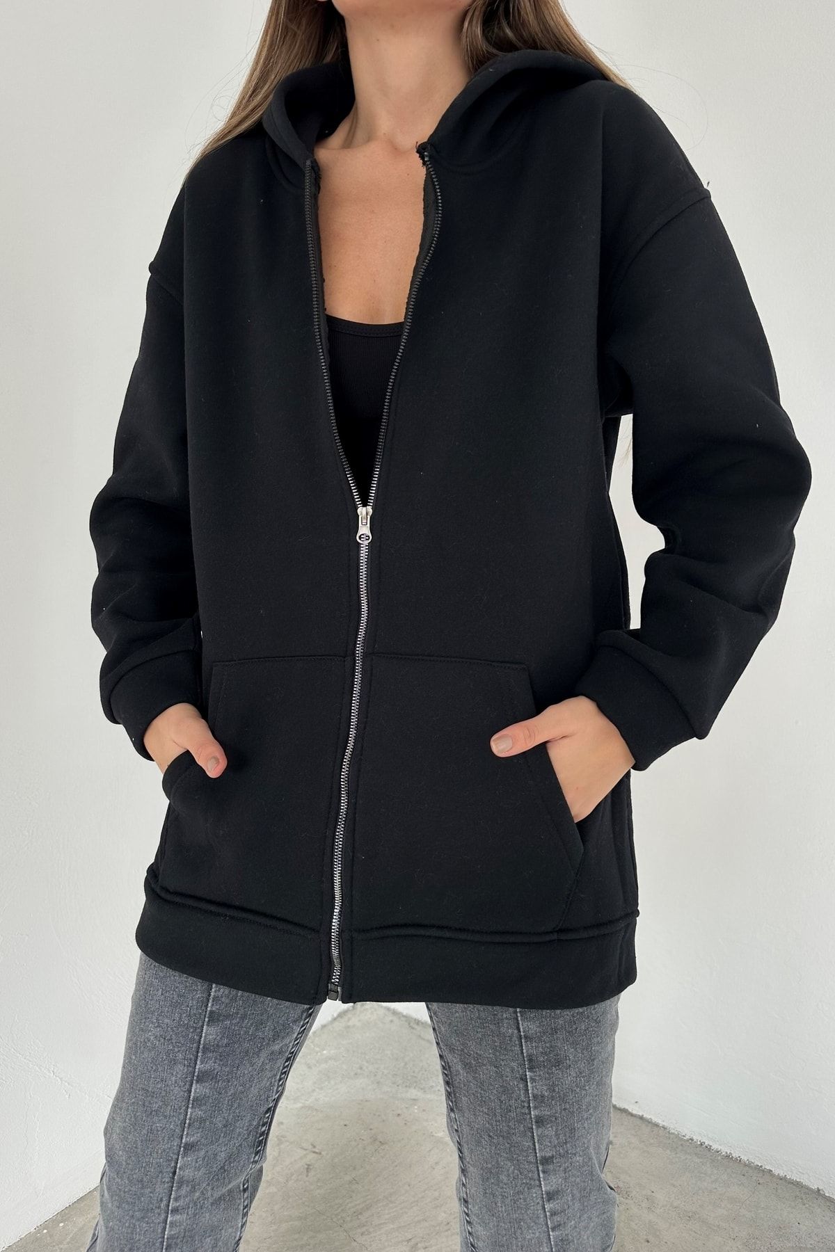 Eka Kadın Siyah Fermuarlı Kapişonlu Oversize Sweatshirt 1009-3002