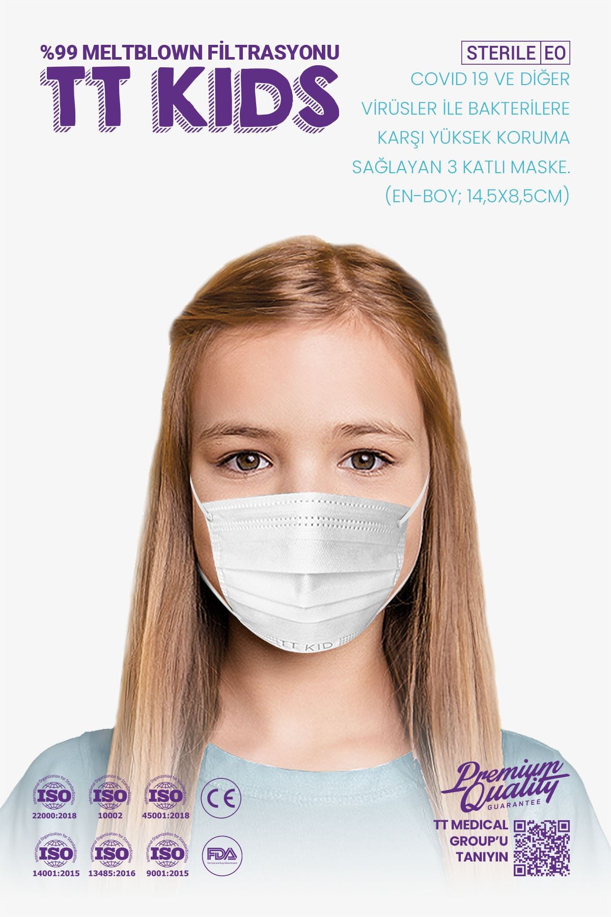 TTMedical 50'li Unisex Çocuk Beyaz 3 Katlı Üstün Korumalı Özel Yüz Maskesi