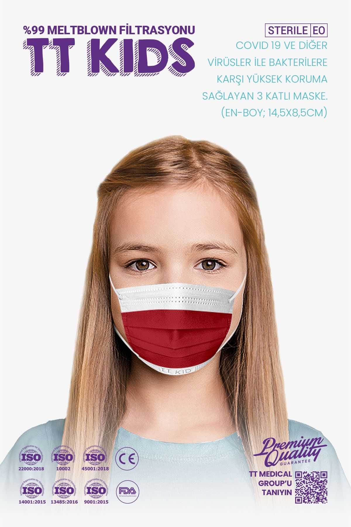 TTMedical 50'li Unisex Çocuk Bordo 3 Katlı Üstün Korumalı Özel Yüz Maskesi