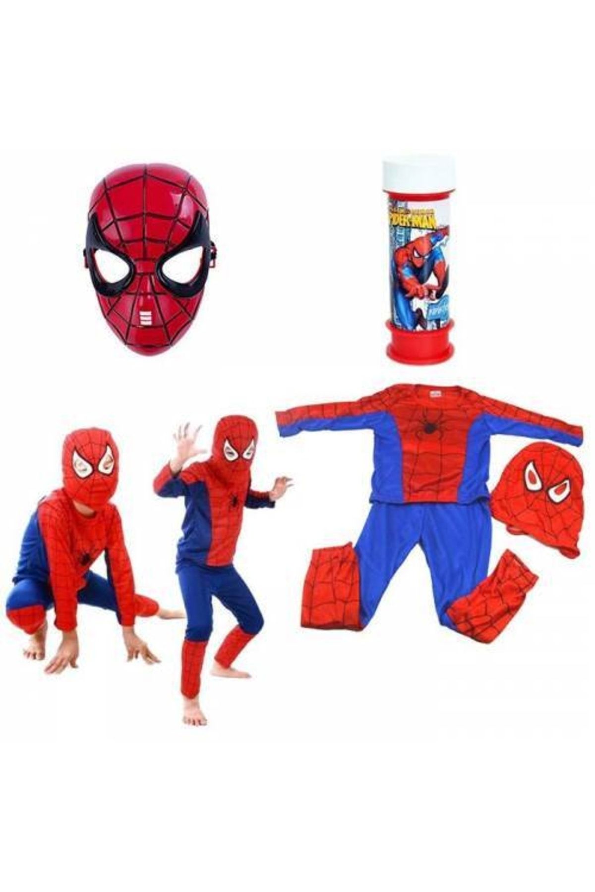 Mashotrend Örümcek Adam Kostümü Pvc Maske + Bez Maske + Baloncuk Köpük - Alt -üstlü Model